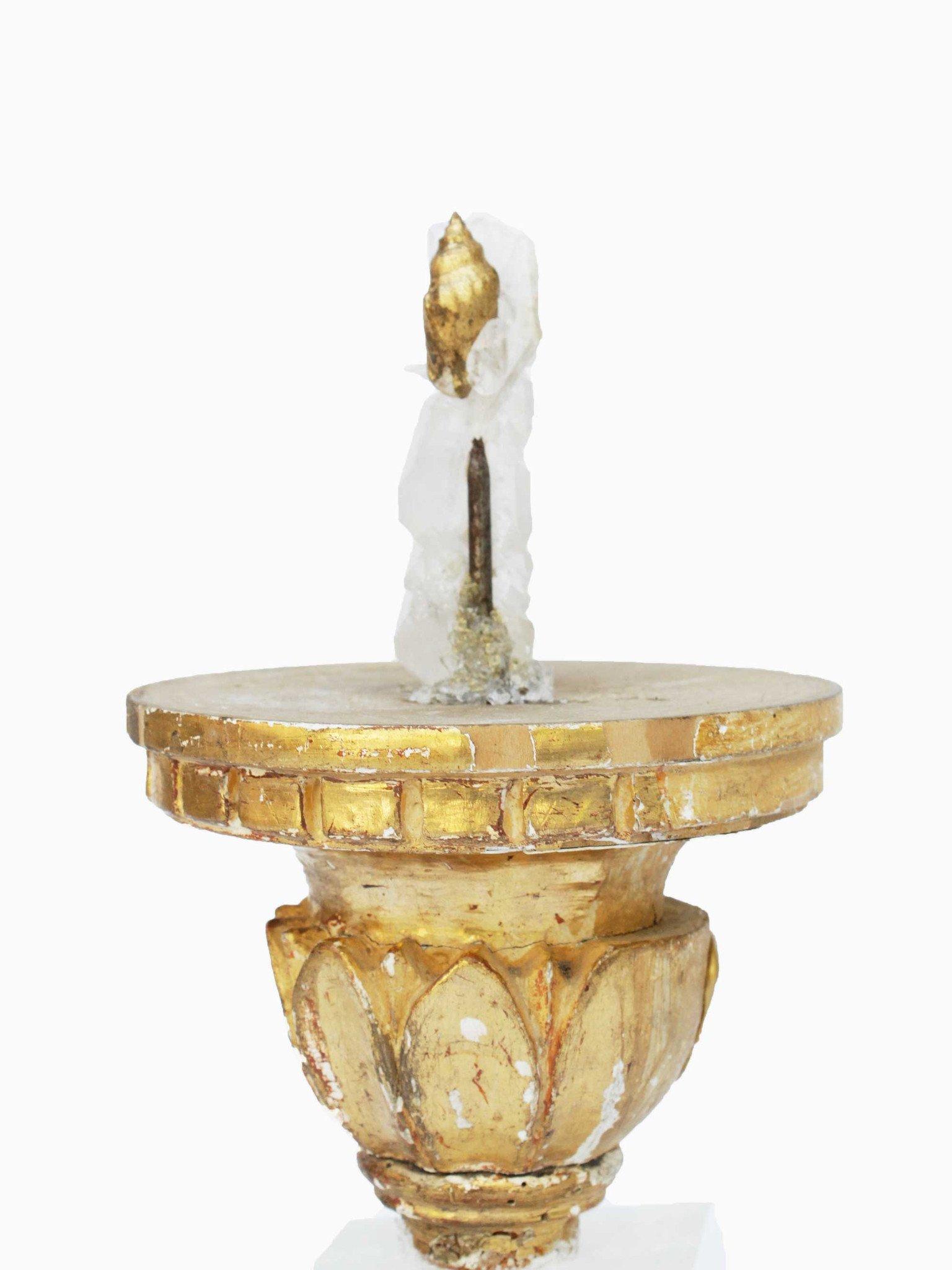 18th century Italian gold leaf candlestick with faden crystal and a gold leaf shell on an optical calcite base. 

The candlestick is originally from Tuscany. It is joined together with the faden crystal, gold leaf shell, and optical calcite base