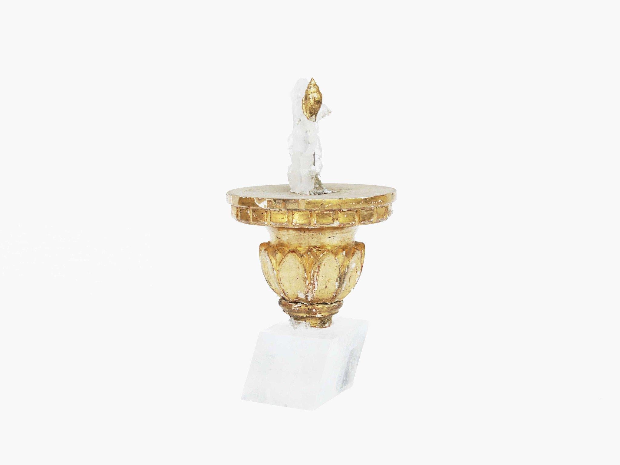 Hand-Carved 18th Century Italian Gold Leaf Candlestick with Faden Crystal on a Calcite Base