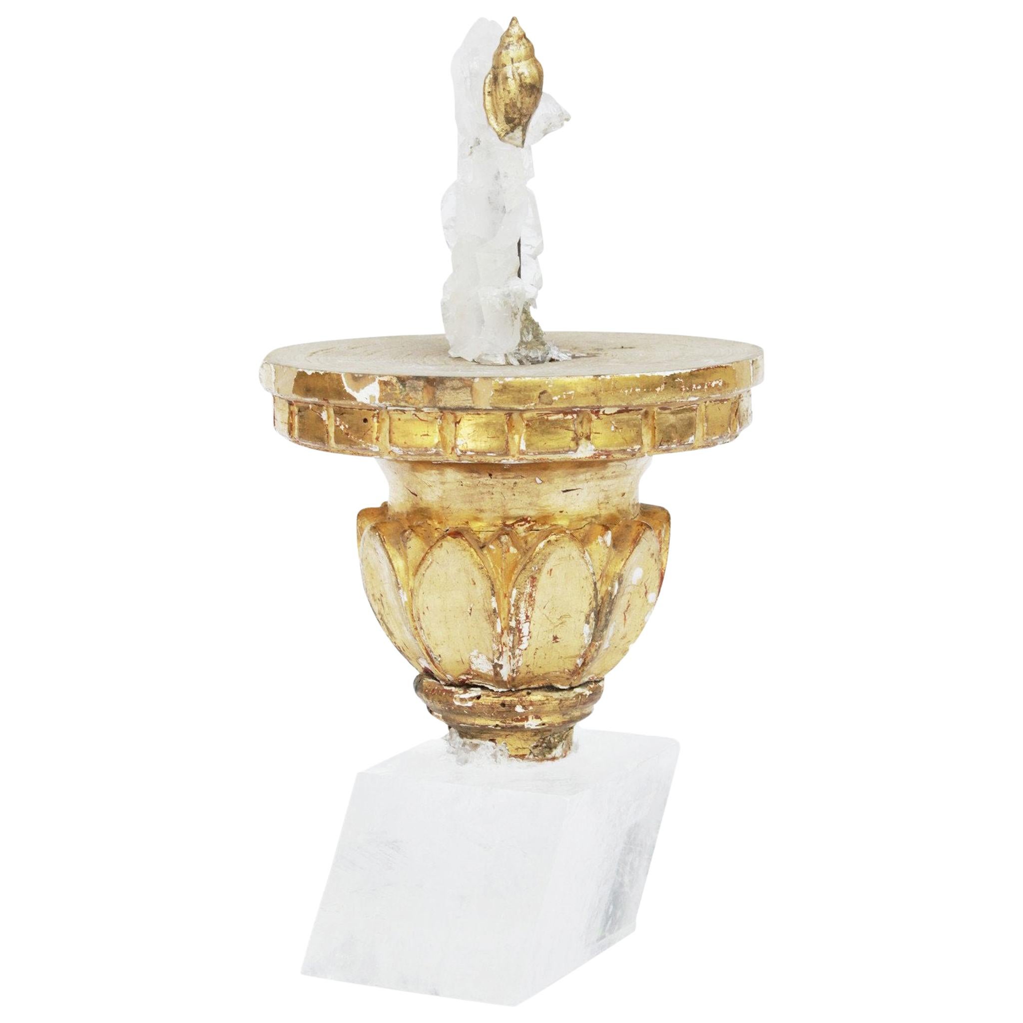 18th Century Italian Gold Leaf Candlestick with Faden Crystal on a Calcite Base