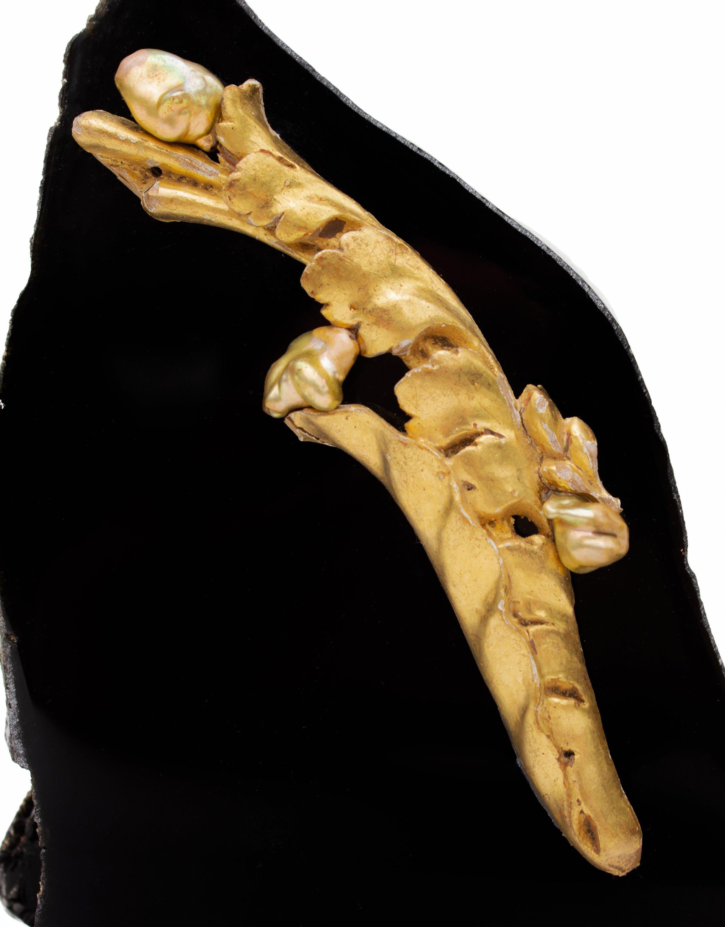 Modern 18th Century Italian Gold Leaf Fragment with Baroque Pearls on Obsidian Mineral