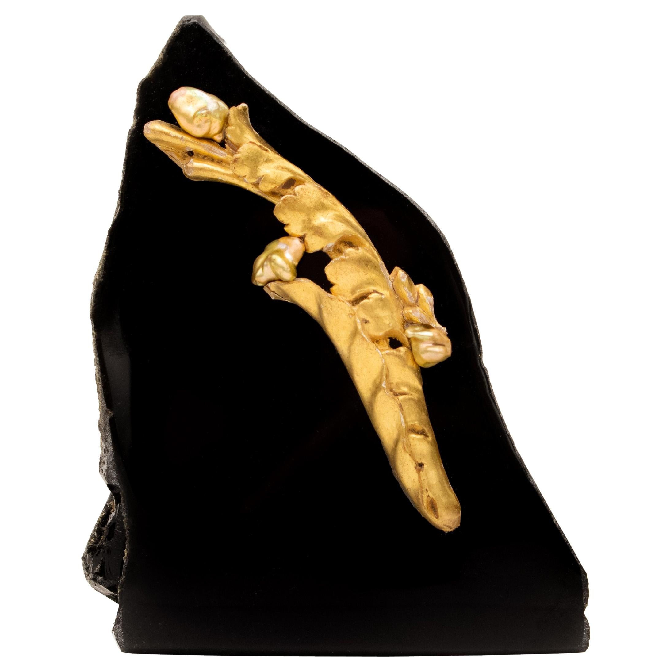 18th Century Italian Gold Leaf Fragment with Baroque Pearls on Obsidian Mineral