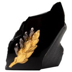 18th Century Italian Gold Leaf Fragment with Cut Crystals on an Obsidian Mineral
