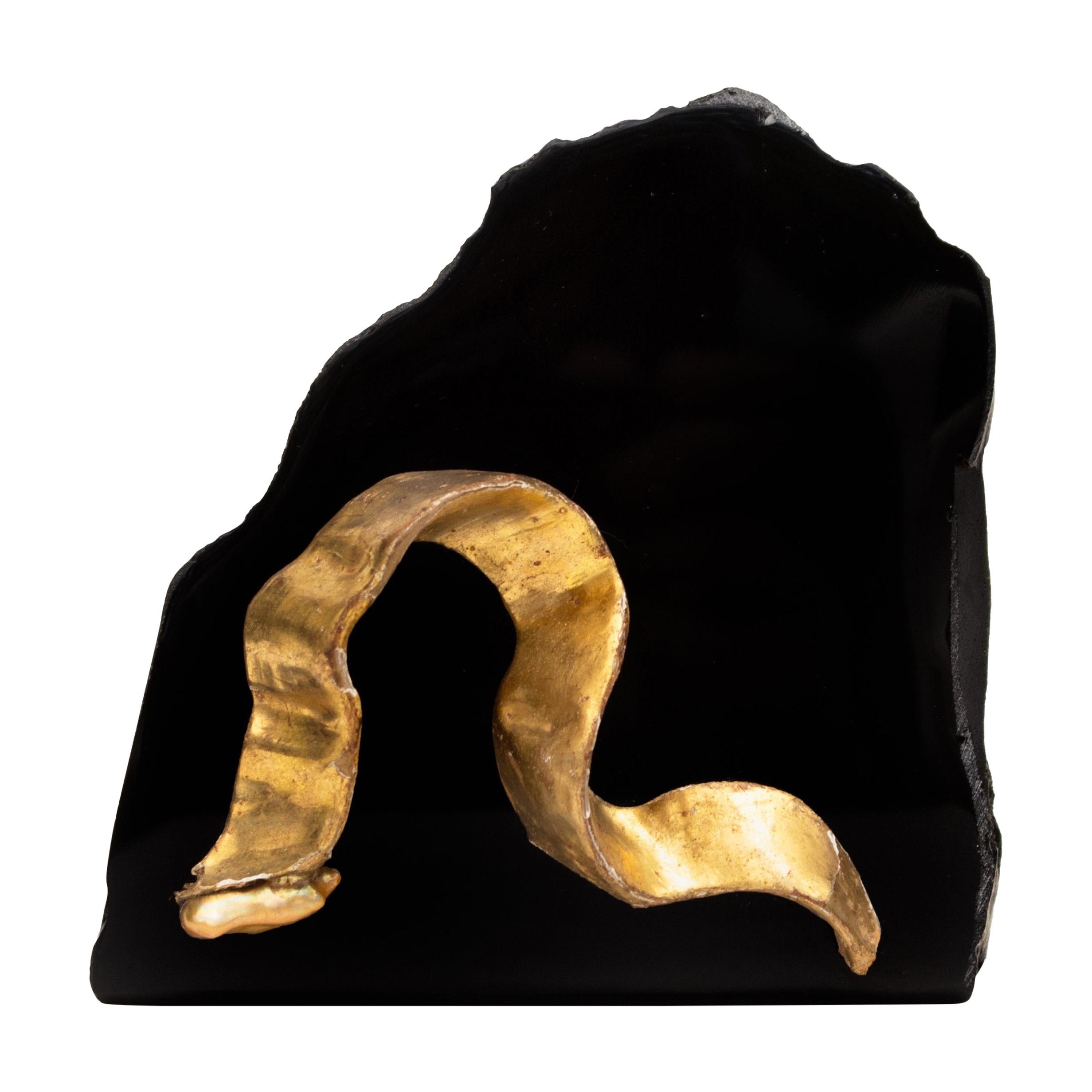 18th Century Italian Gold Ribbon Fragment with a Baroque Pearl on Obsidian For Sale