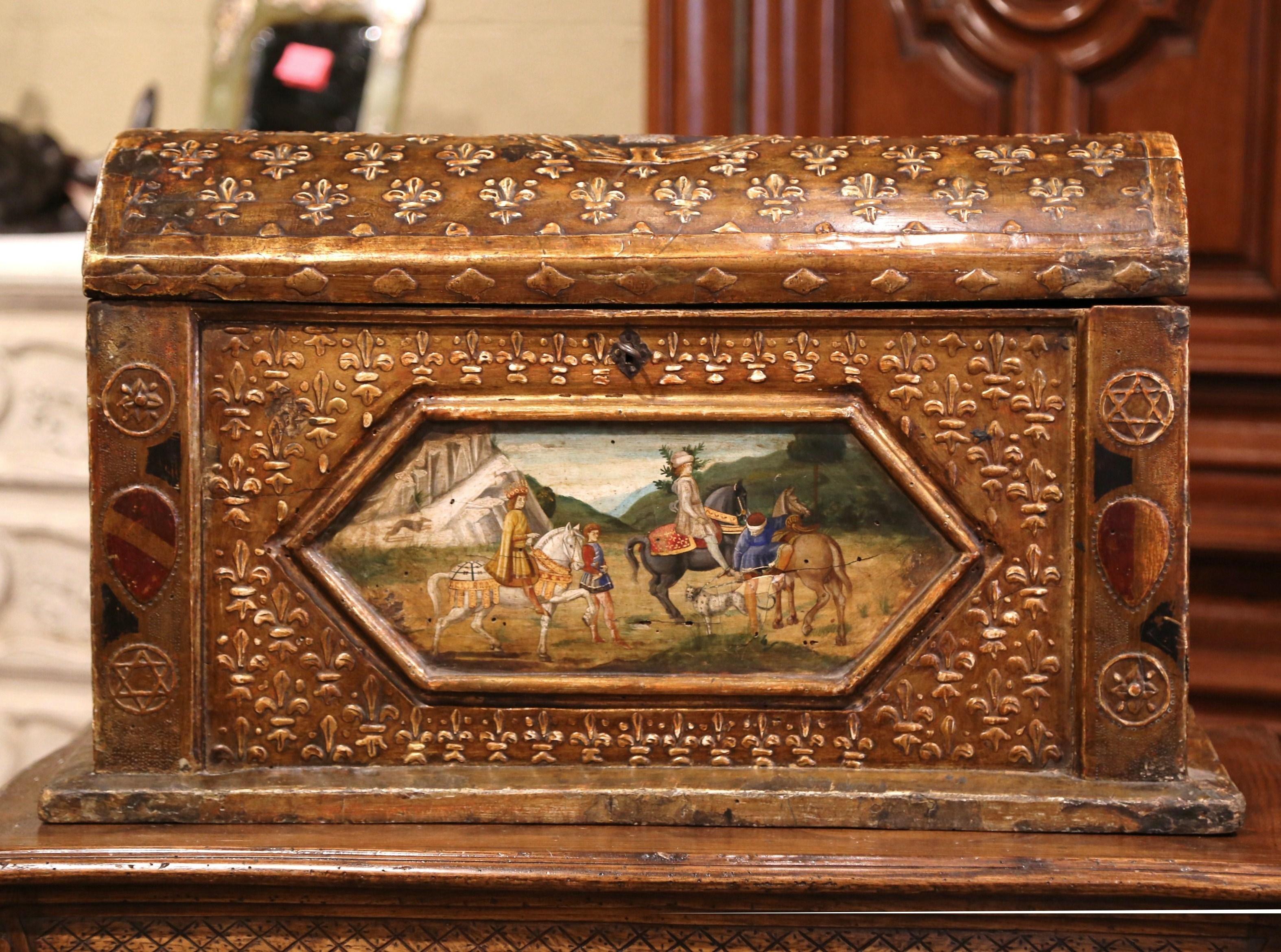 This elegant antique chest was crafted in Florence, Italy, circa 1780. Bombe in shape, the trunk is decorated with a hand painted medallion on the front depicting the 