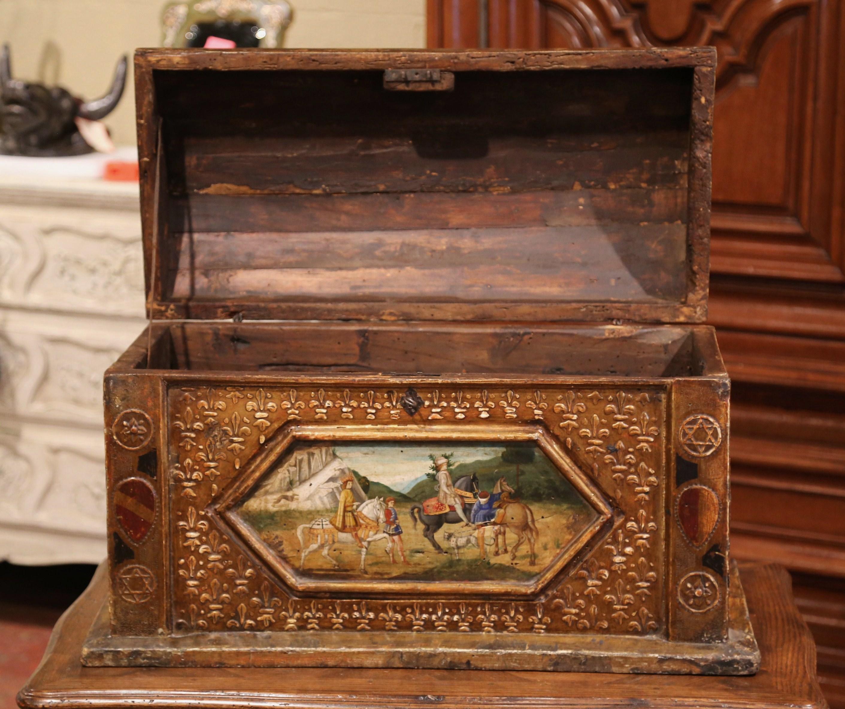 18th Century Italian Gothic Giltwood Painted and Polychromed Bombe Trunk In Excellent Condition In Dallas, TX