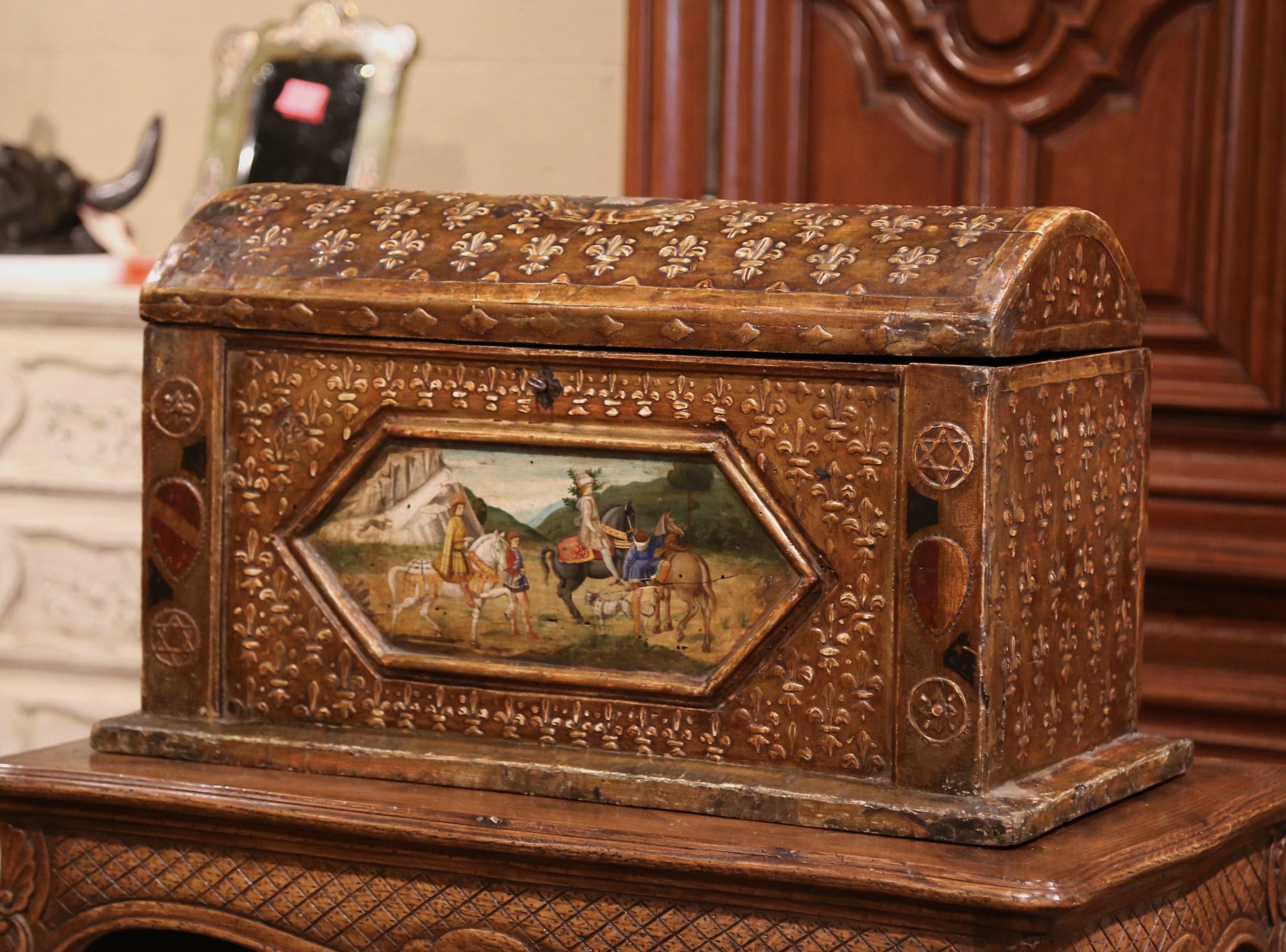 18th Century Italian Gothic Giltwood Painted and Polychromed Bombe Trunk 1