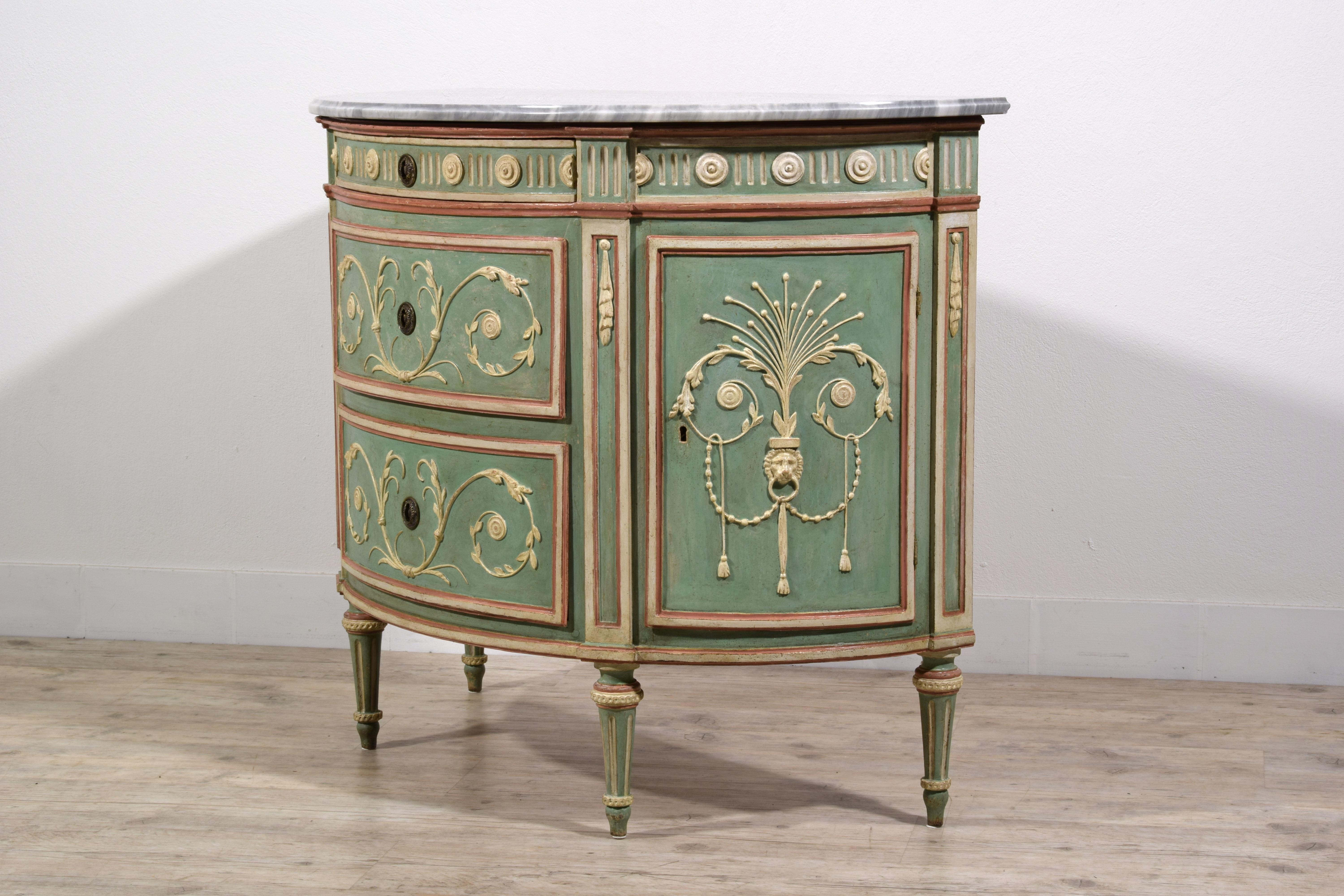 18th century, Italian Half-moon Lacquered Wood Chest of Drawers For Sale 4