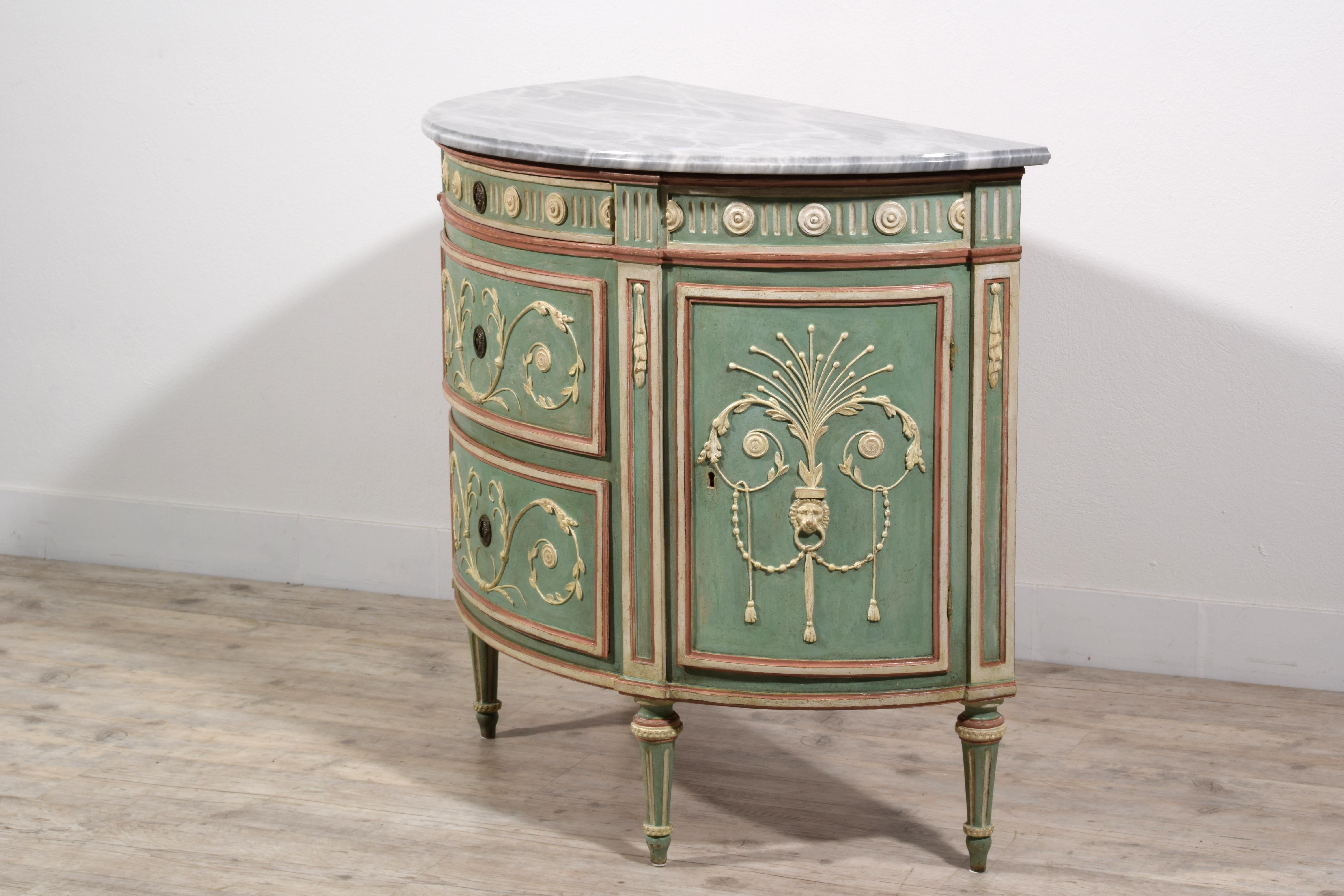 18th century, Italian Half-moon Lacquered Wood Chest of Drawers For Sale 9