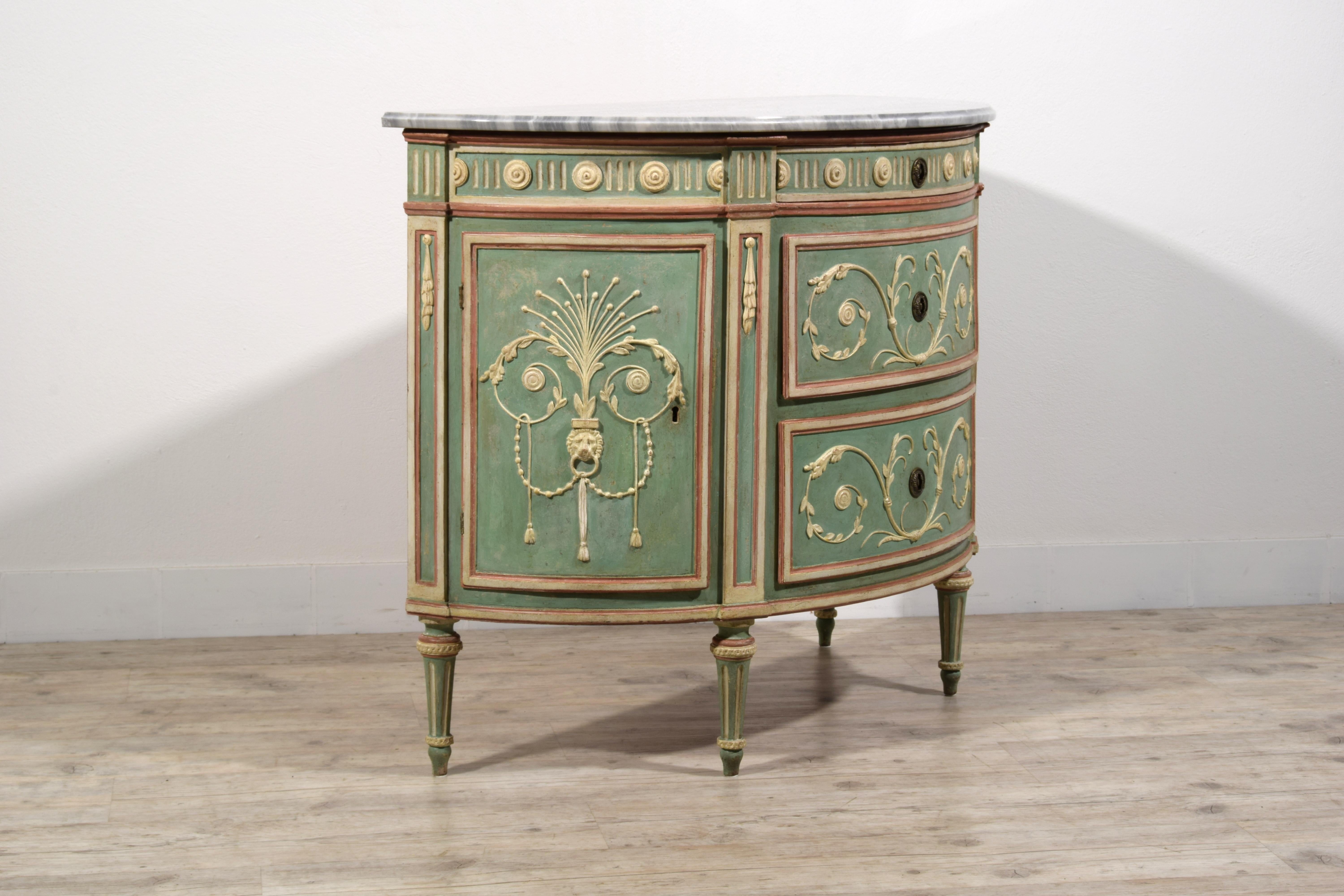 18th century, Italian Half-moon Lacquered Wood Chest of Drawers For Sale 9