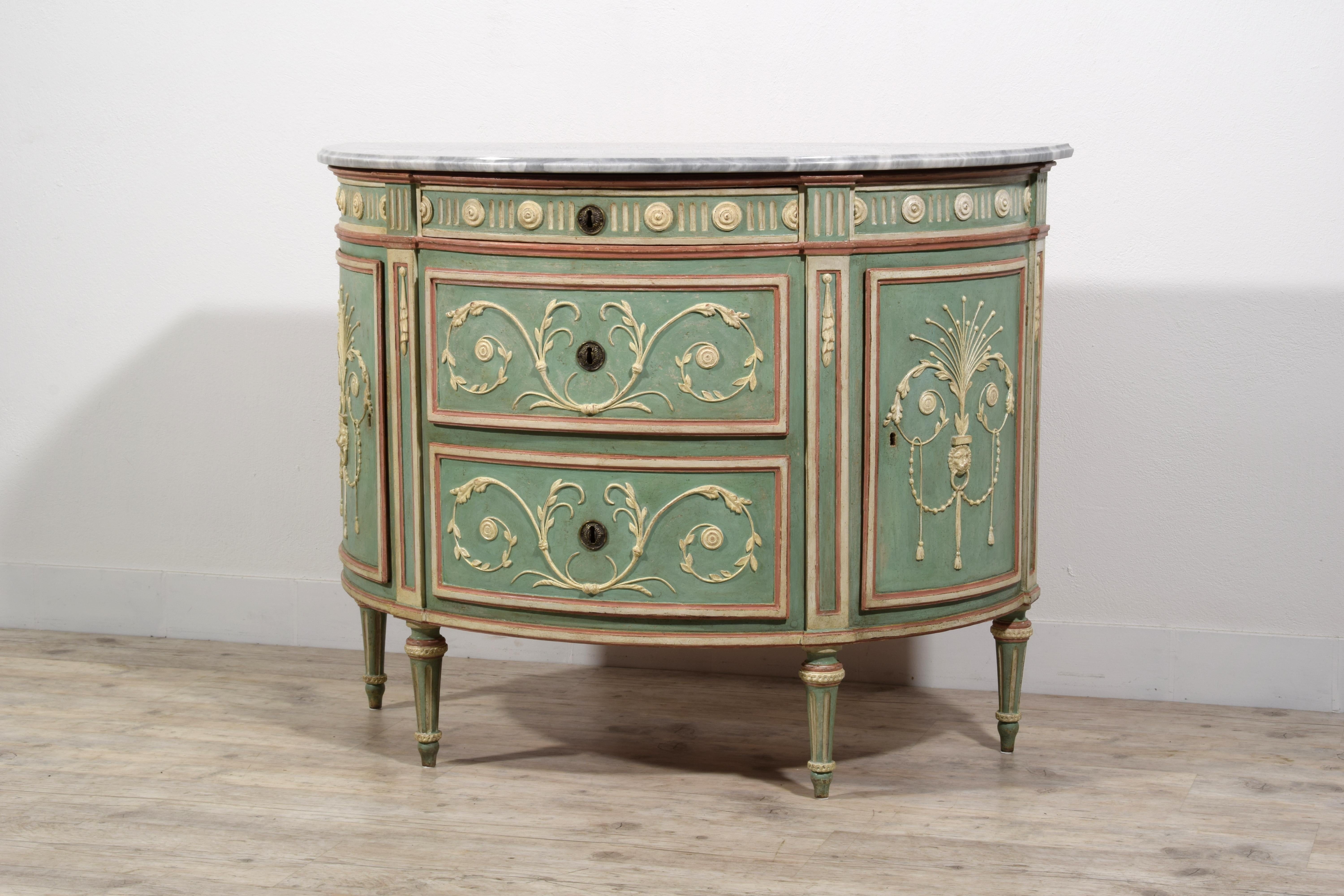 18th century, Italian Half-moon Lacquered Wood Chest of Drawers For Sale 11