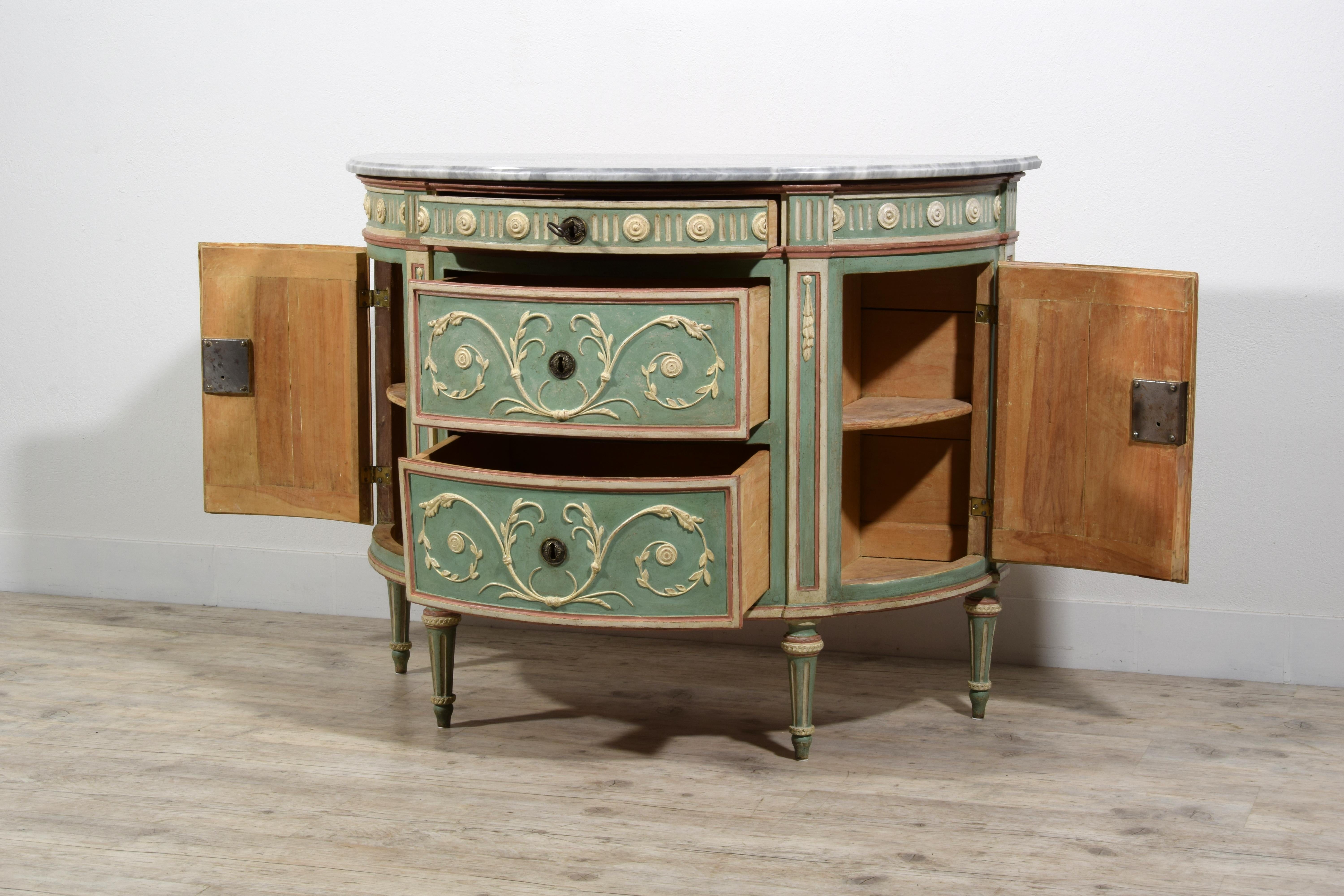 18th century, Italian Half-moon Lacquered Wood Chest of Drawers For Sale 13