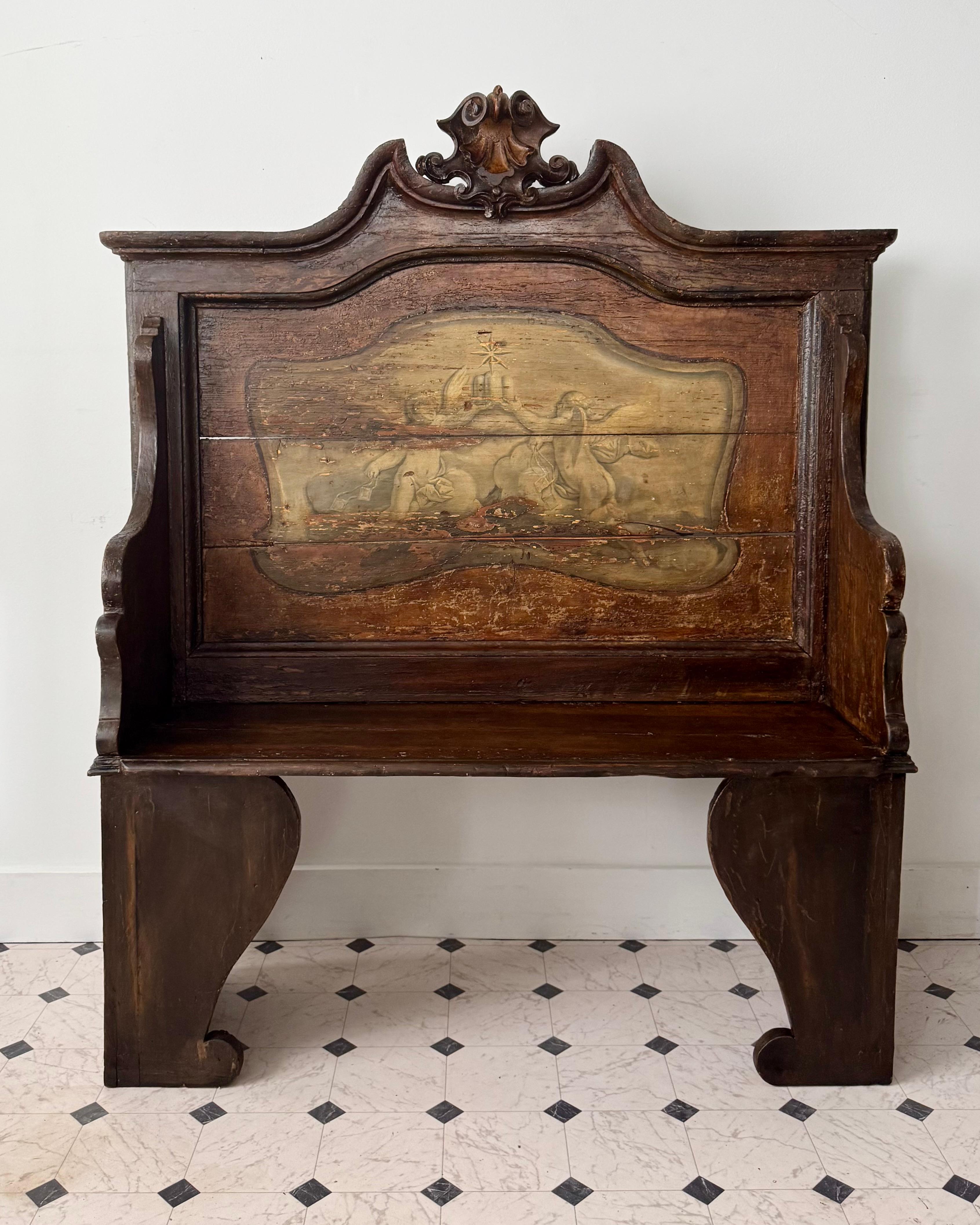 Charming Italian 18th century Hall bench in richly stained and hand painted with a high back.
Seat hight 59.25