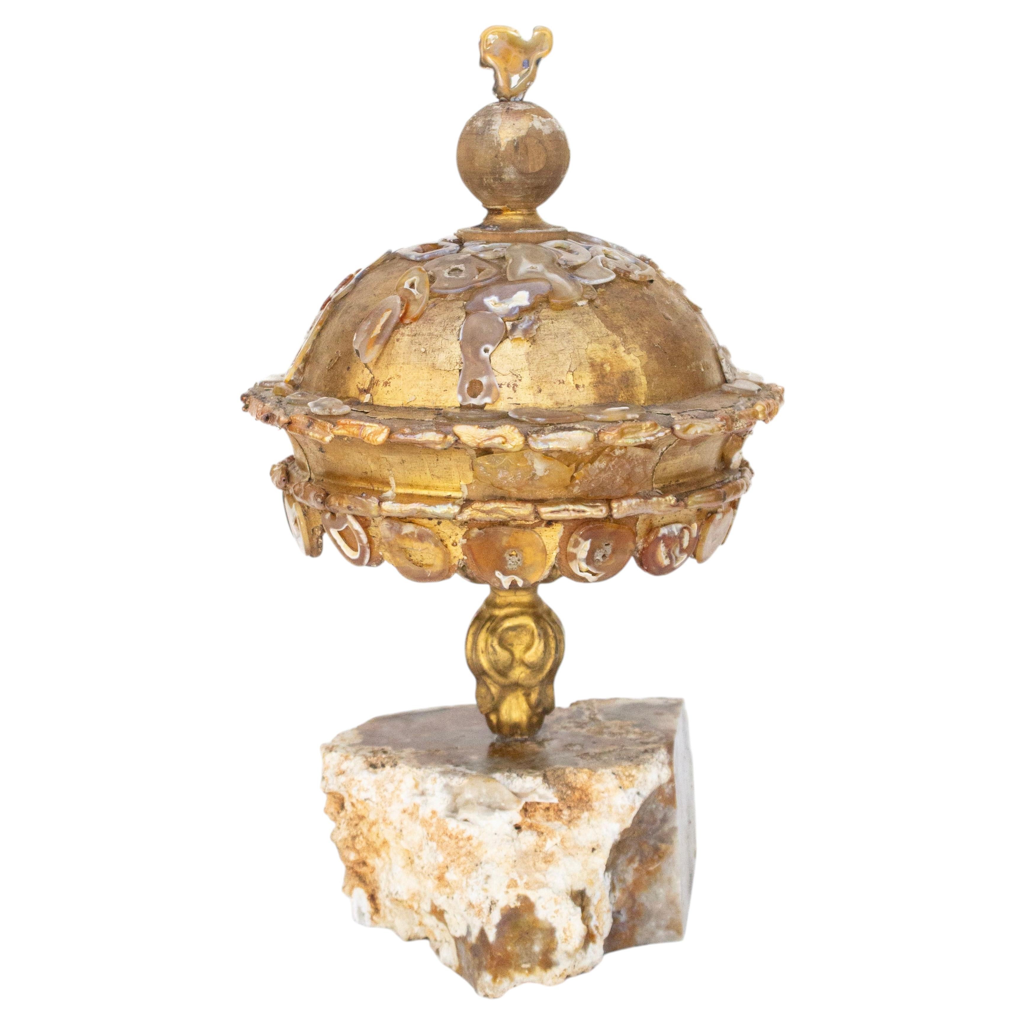 17th Century Italian Hand-Carved and Gilded Crown with Agate Coral and Pearls