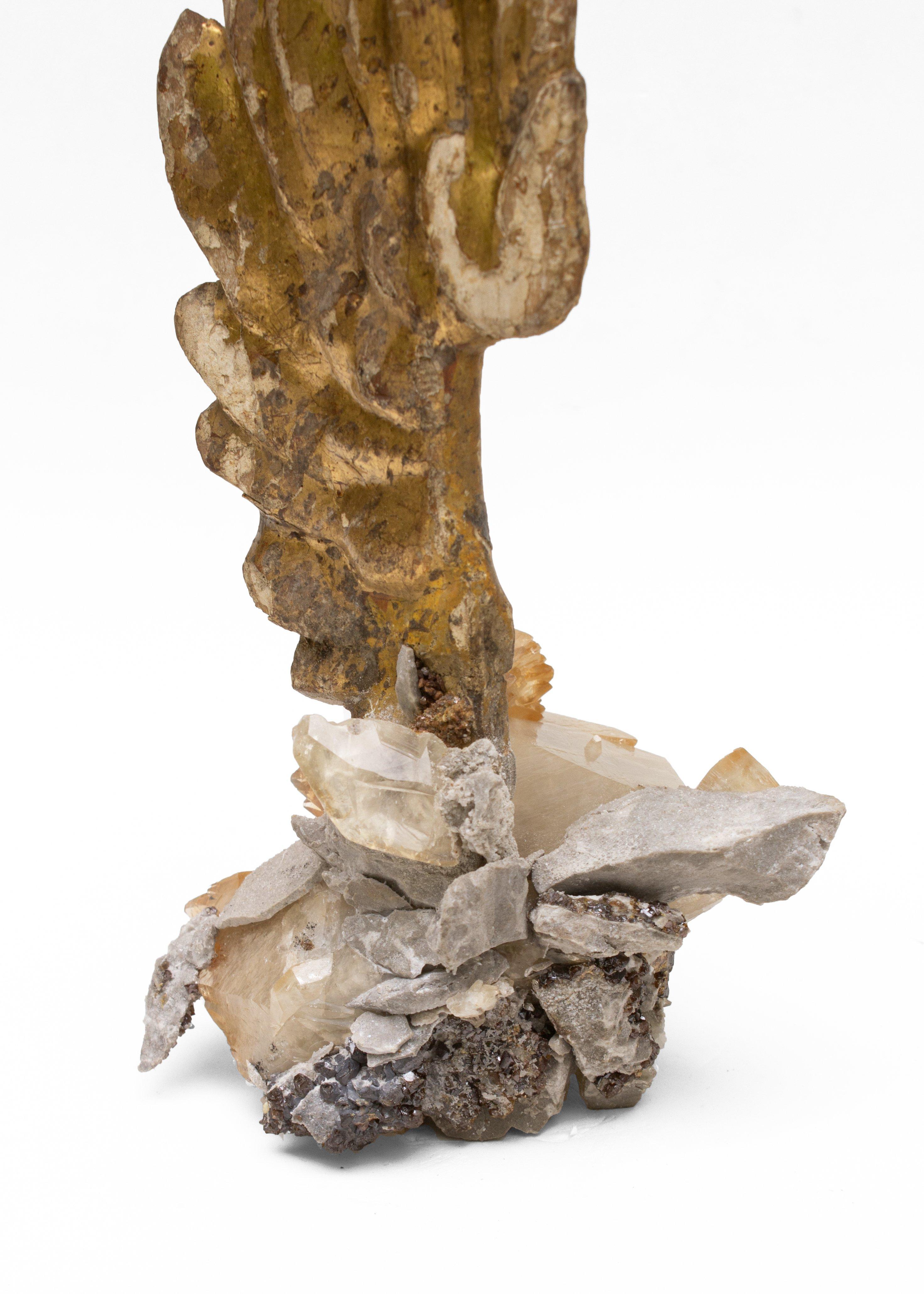 Hand-Carved 18th Century Italian Hand Carved Angel Wing on Calcite Crystals in Sphalerite