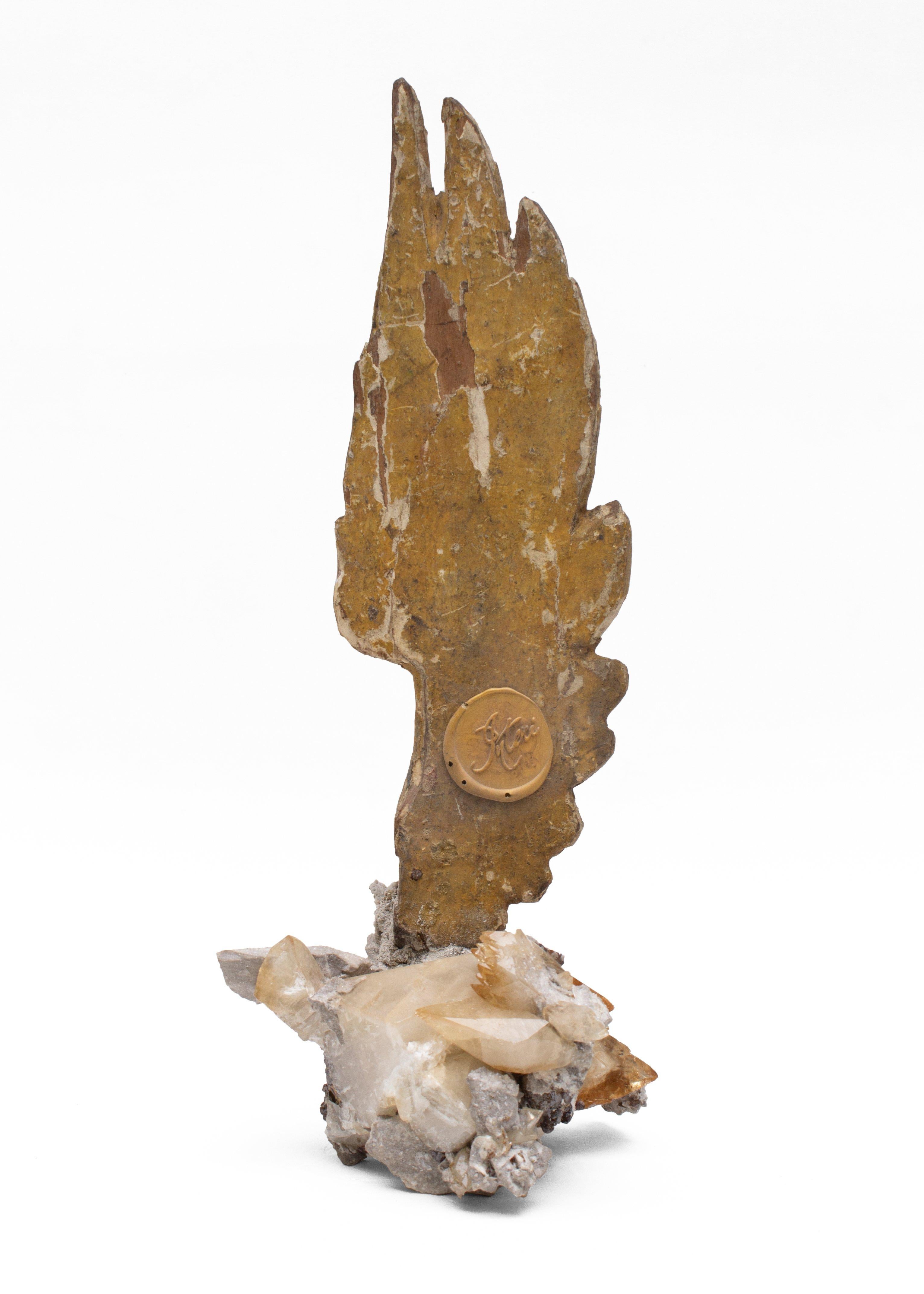 18th Century Italian Hand Carved Angel Wing on Calcite Crystals in Sphalerite In Fair Condition In Dublin, Dalkey