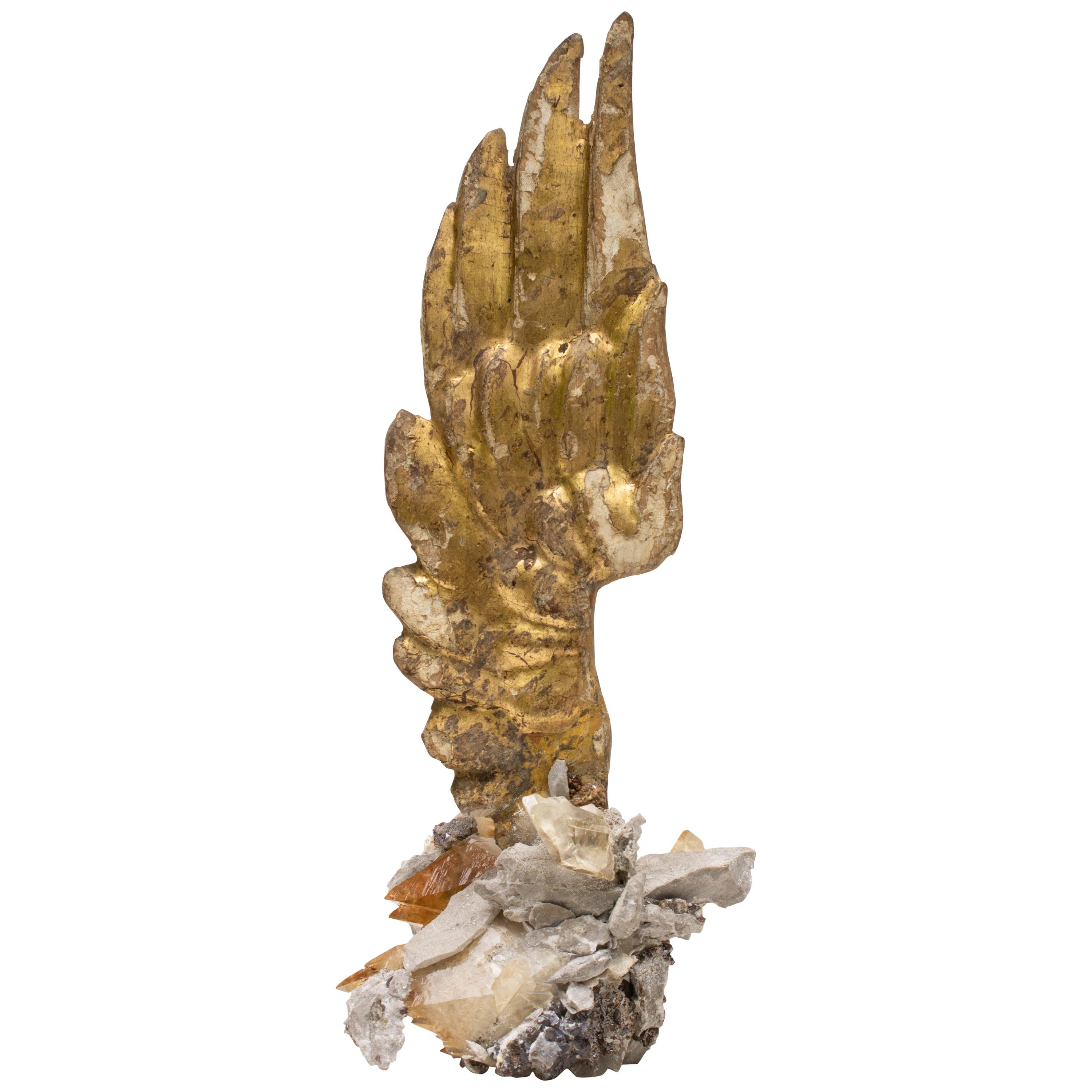 18th Century Italian Hand Carved Angel Wing on Calcite Crystals in Sphalerite