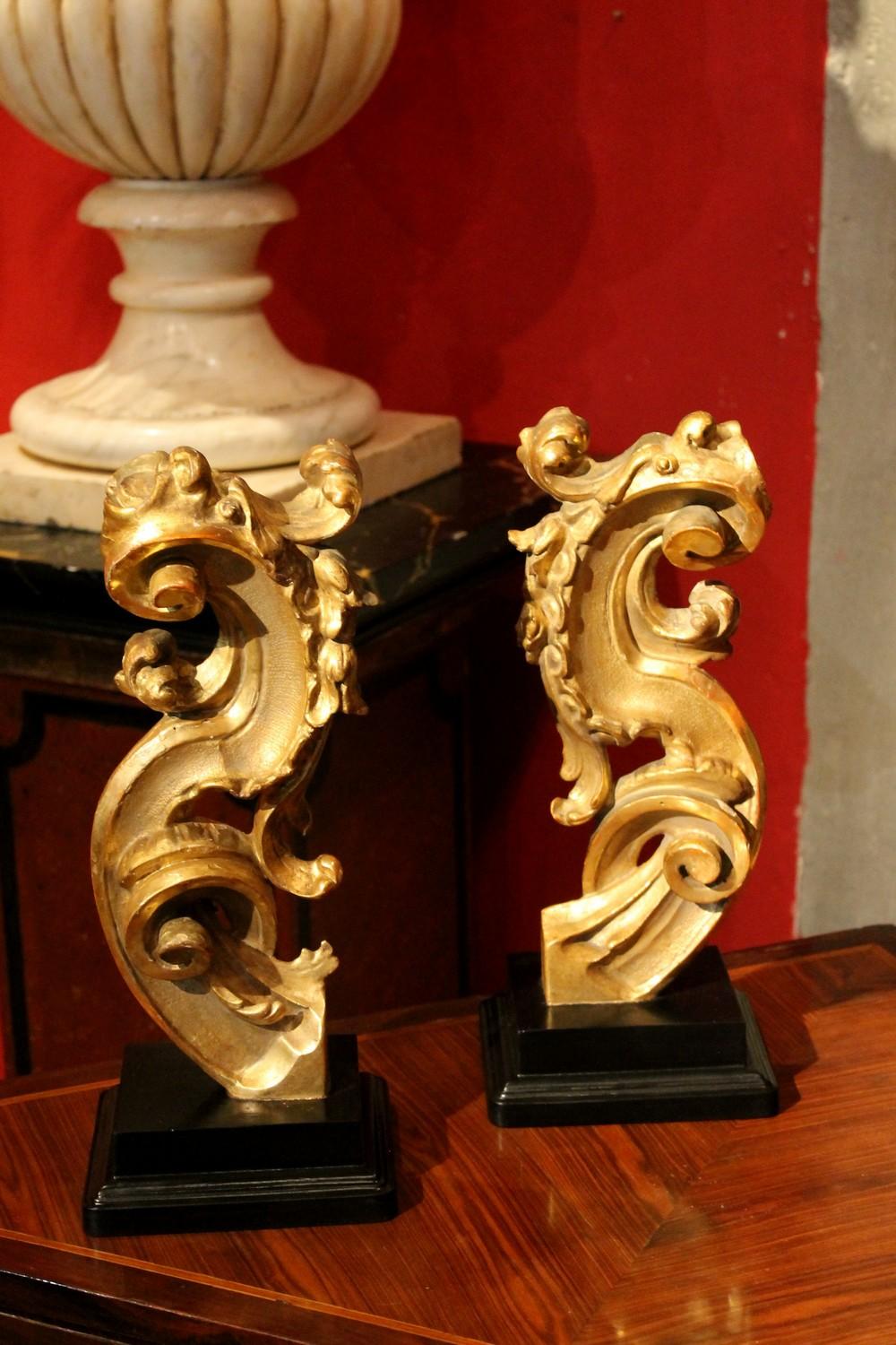 18th Century Italian Hand Carved Architectural Giltwood Fragments on Black Stand 1