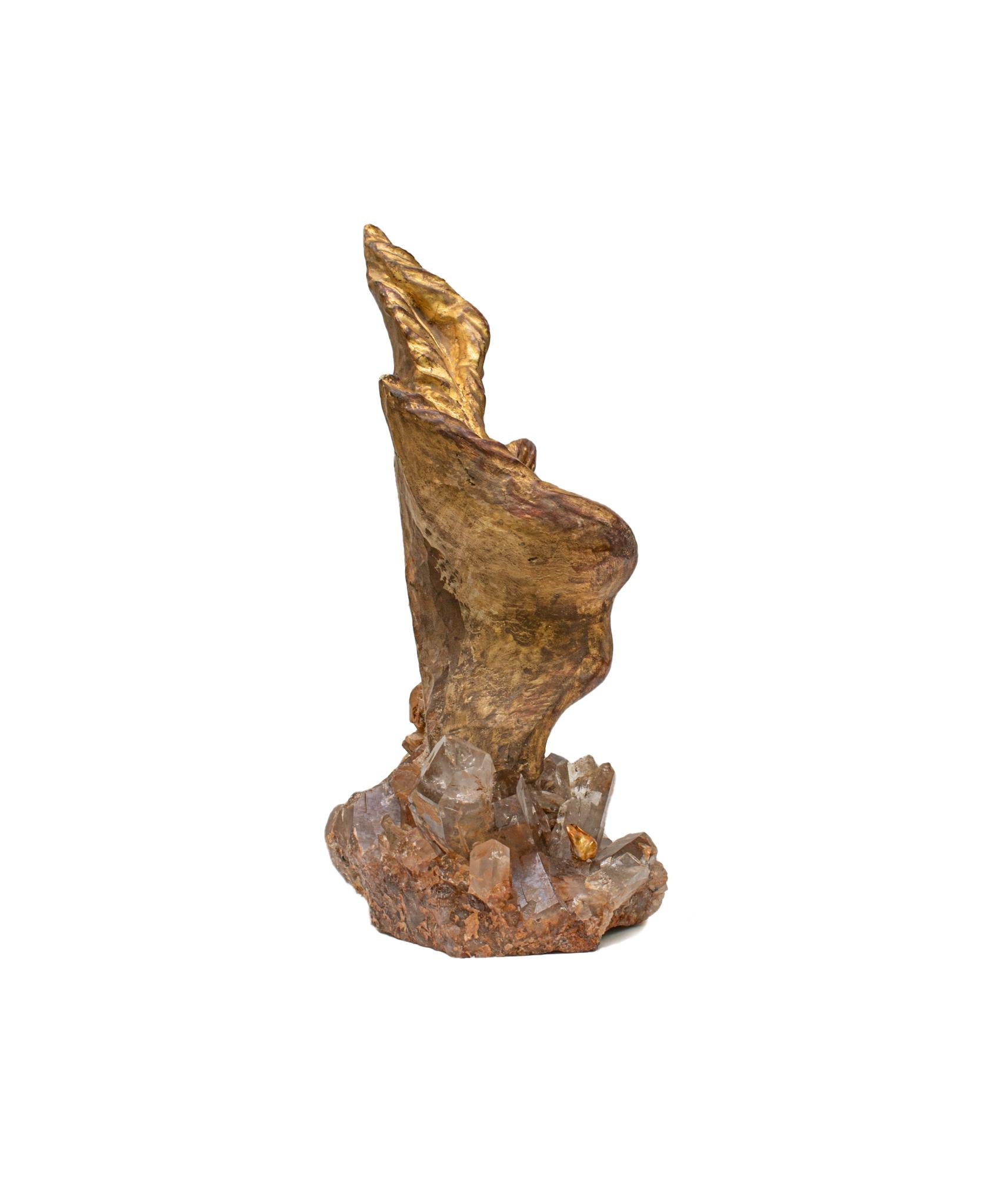 Rococo 18th Century Italian Hand-Carved Gold Leaf Angel Wing on a Smokey Quartz Cluster