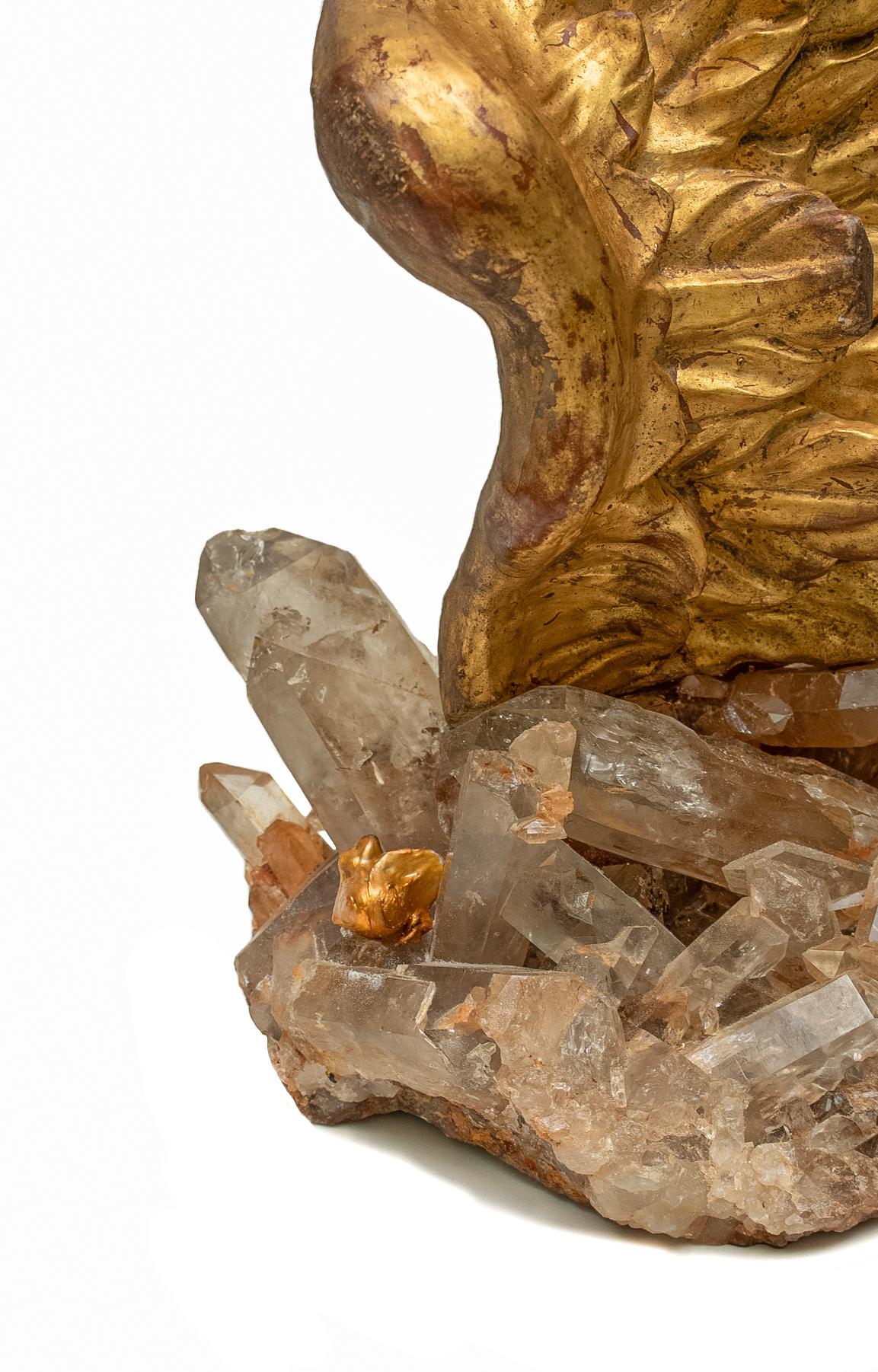 18th Century Italian Hand-Carved Gold Leaf Angel Wing on a Smokey Quartz Cluster In Good Condition In Dublin, Dalkey