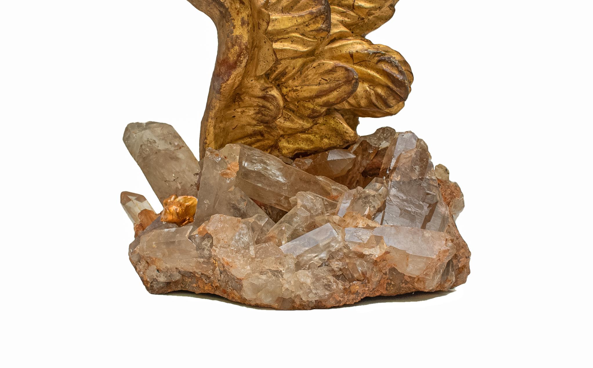 18th Century and Earlier 18th Century Italian Hand-Carved Gold Leaf Angel Wing on a Smokey Quartz Cluster