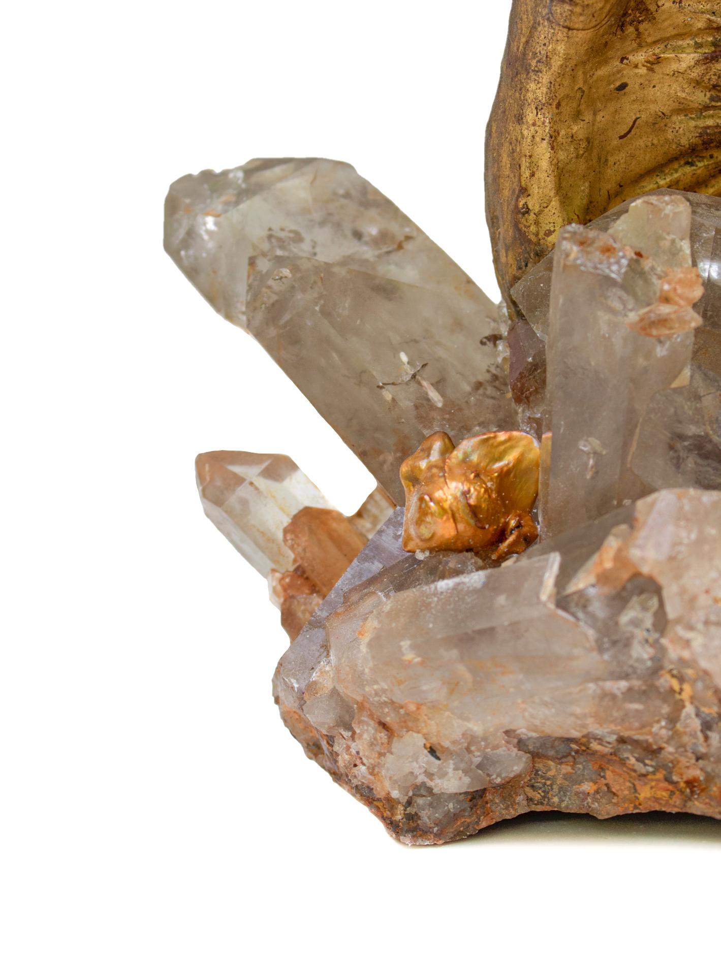 Rock Crystal 18th Century Italian Hand-Carved Gold Leaf Angel Wing on a Smokey Quartz Cluster