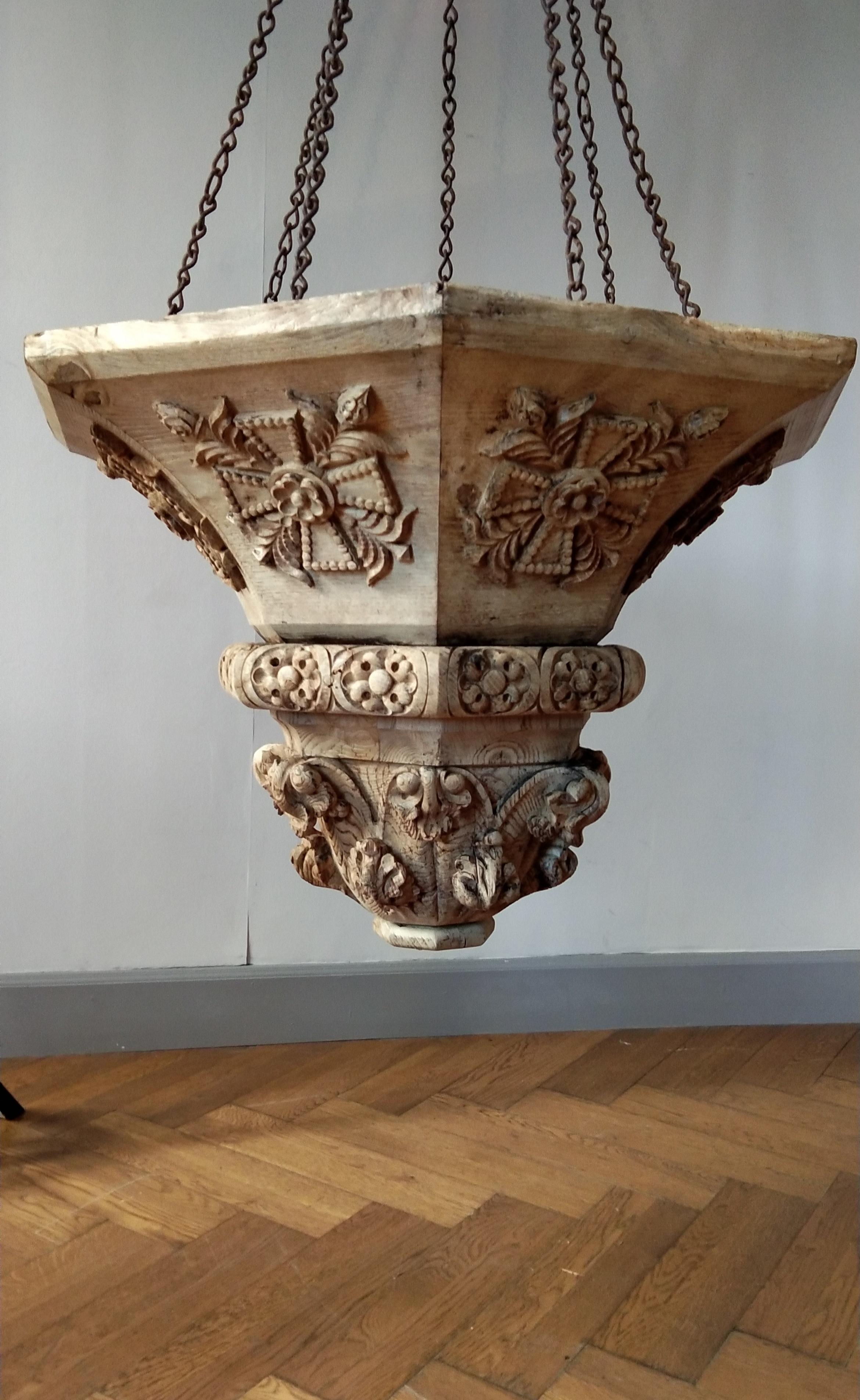 French 18th Century Italian Hand Carved Oak Lantern