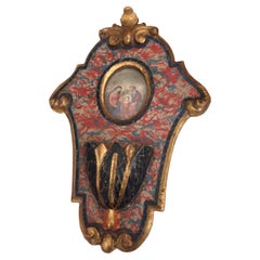 18th Century Italian Hand-made Polychrome GIlt Wood Holy Water with Engraving