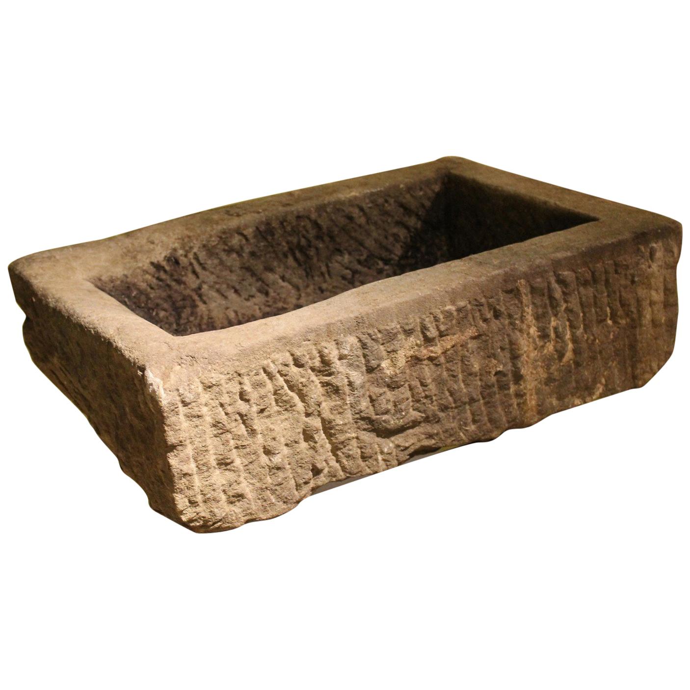 18th Century Italian Hand Carved Rectangular Gray Sandstone Sink or Planter
