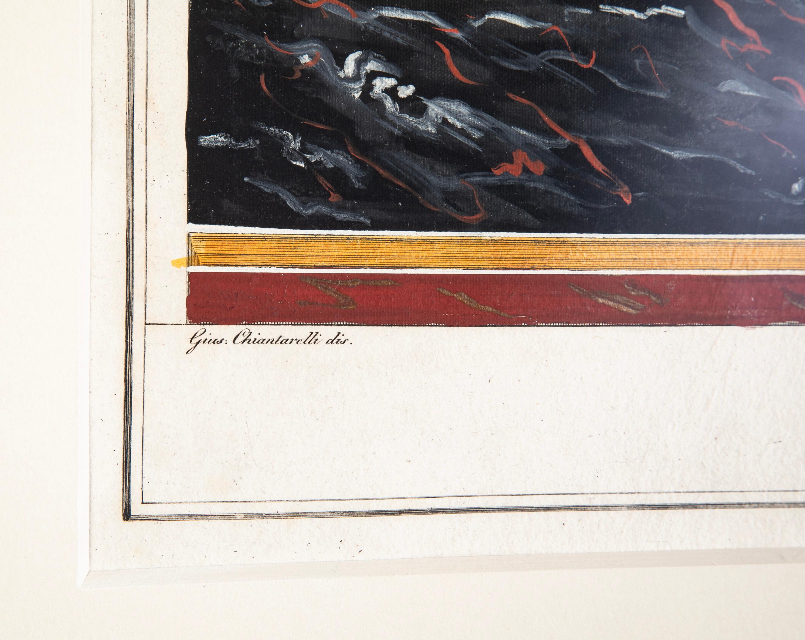 Paper 18th Century Italian Hand Colored Engraving of Frescoes Excavated at Pompeii  For Sale