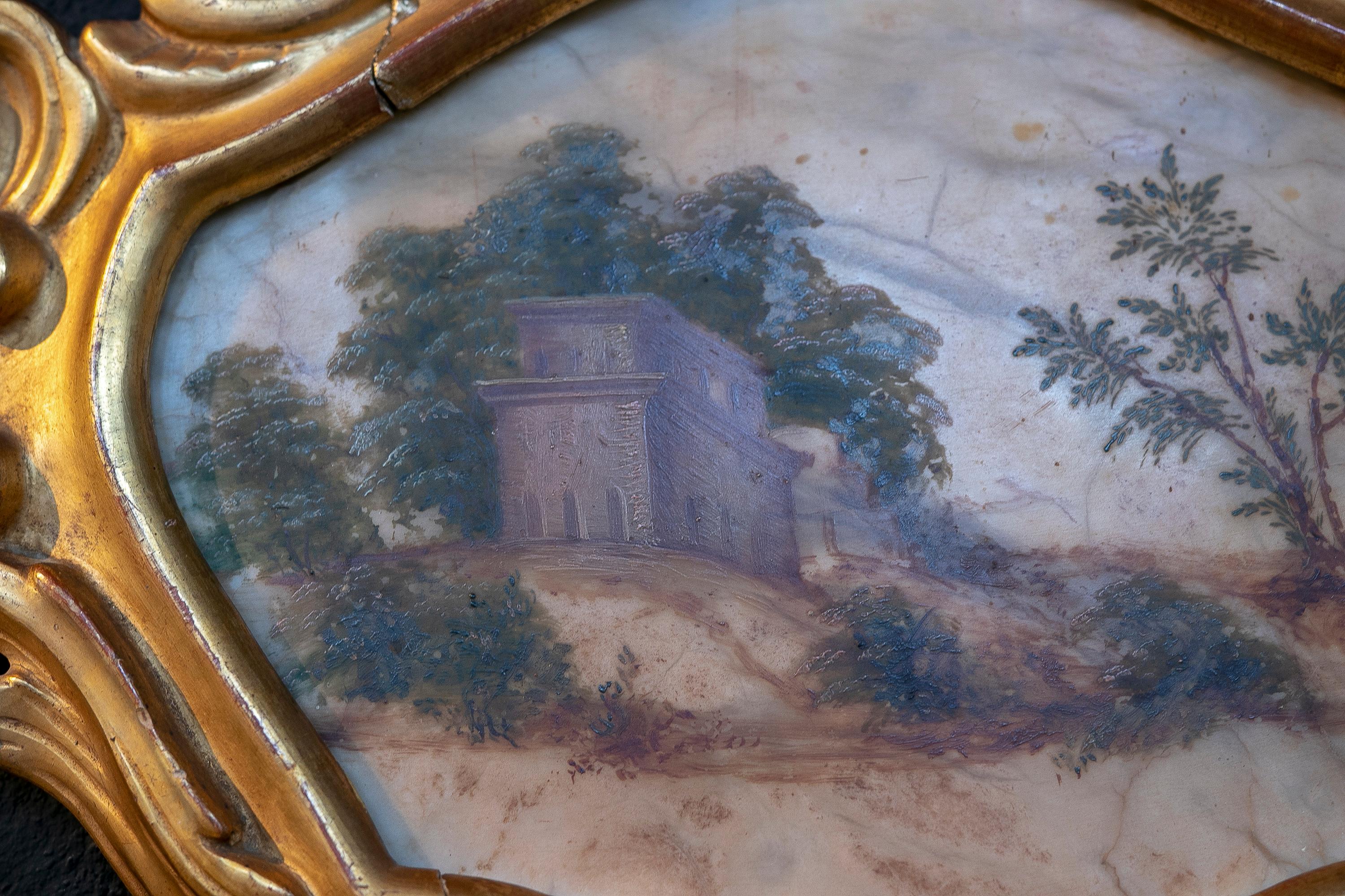 18th Century Italian hand painted on Alabaster and Framed Landscape Painting For Sale 6