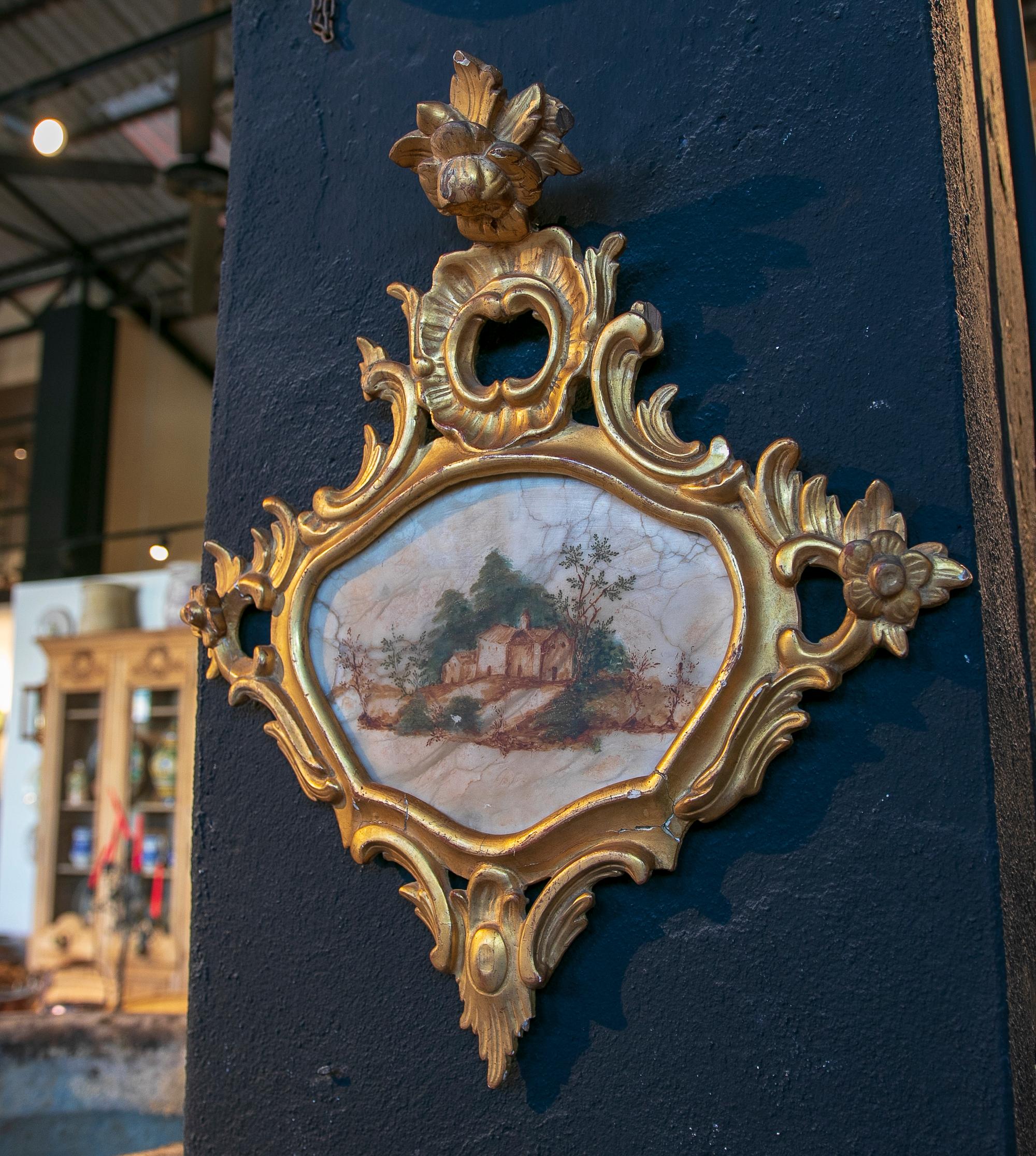 Tableau de paysage italien du XVIIIe siècle peint à la main sur albâtre et encadré.