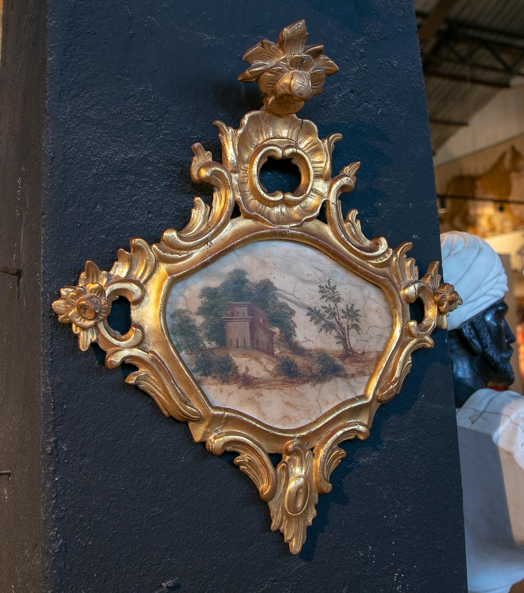 18th Century Italian hand painted on alabaster and framed landscape painting.