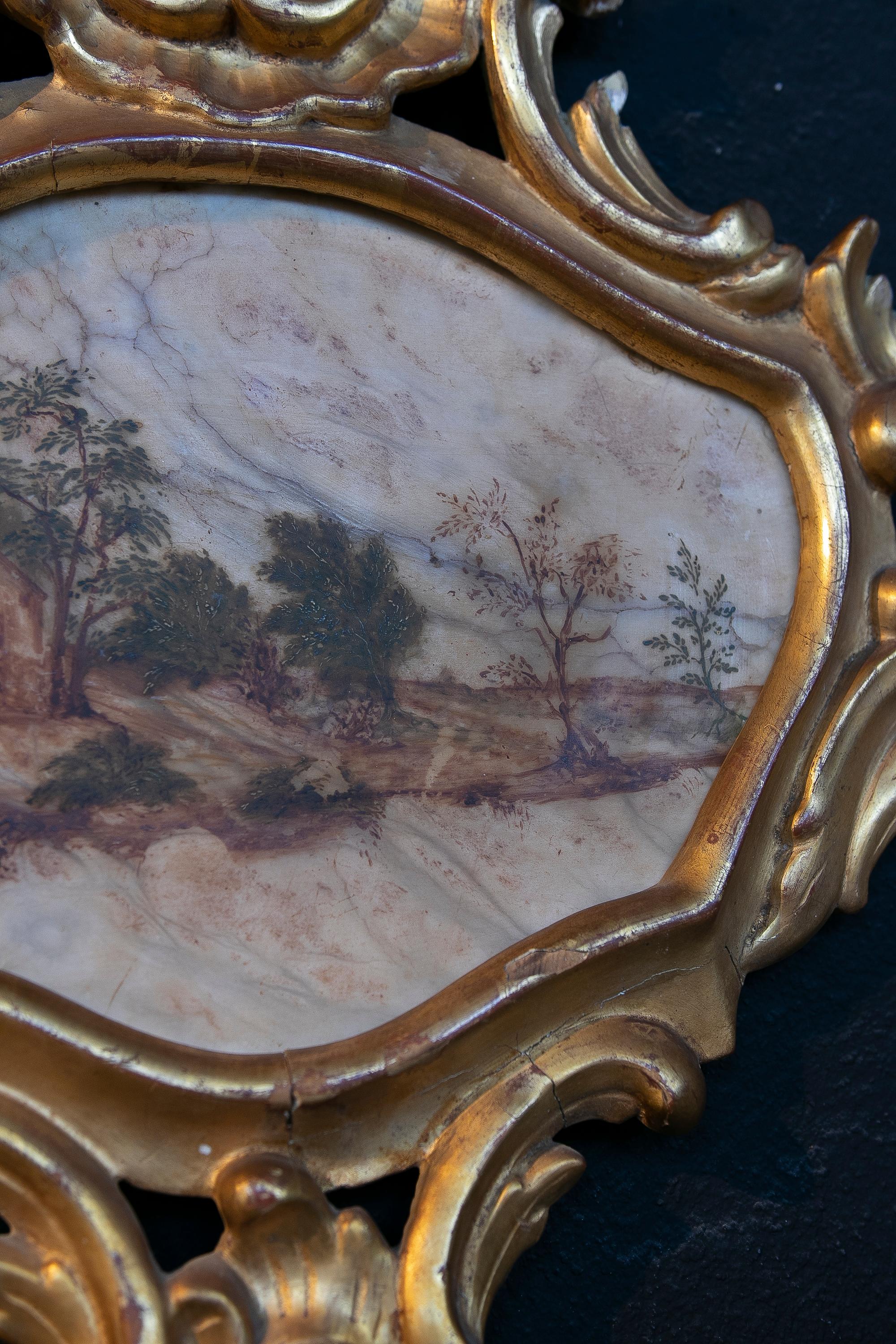 Gold 18th Century Italian Hand Painted on Alabaster and Framed Landscape Painting For Sale