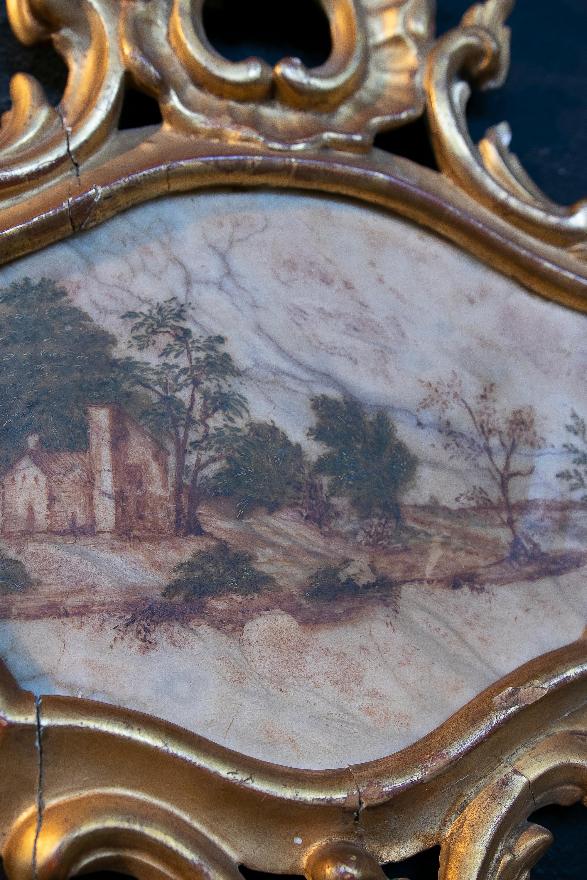 18th Century Italian Hand Painted on Alabaster and Framed Landscape Painting For Sale 3
