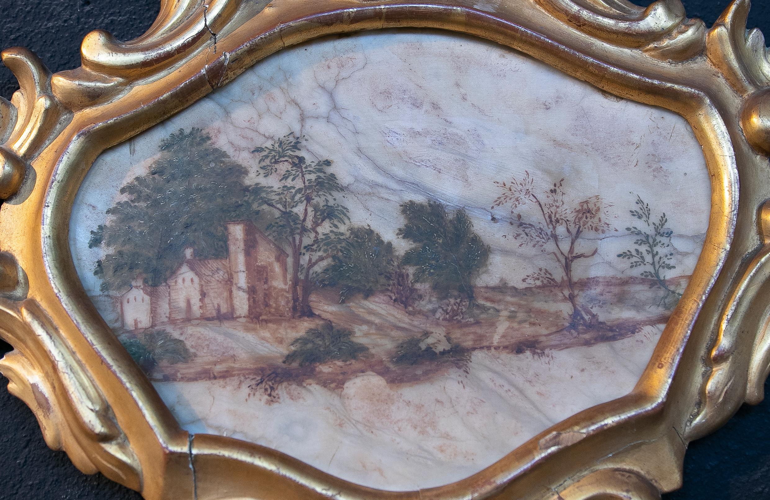 18th Century Italian Hand Painted on Alabaster and Framed Landscape Painting For Sale 4