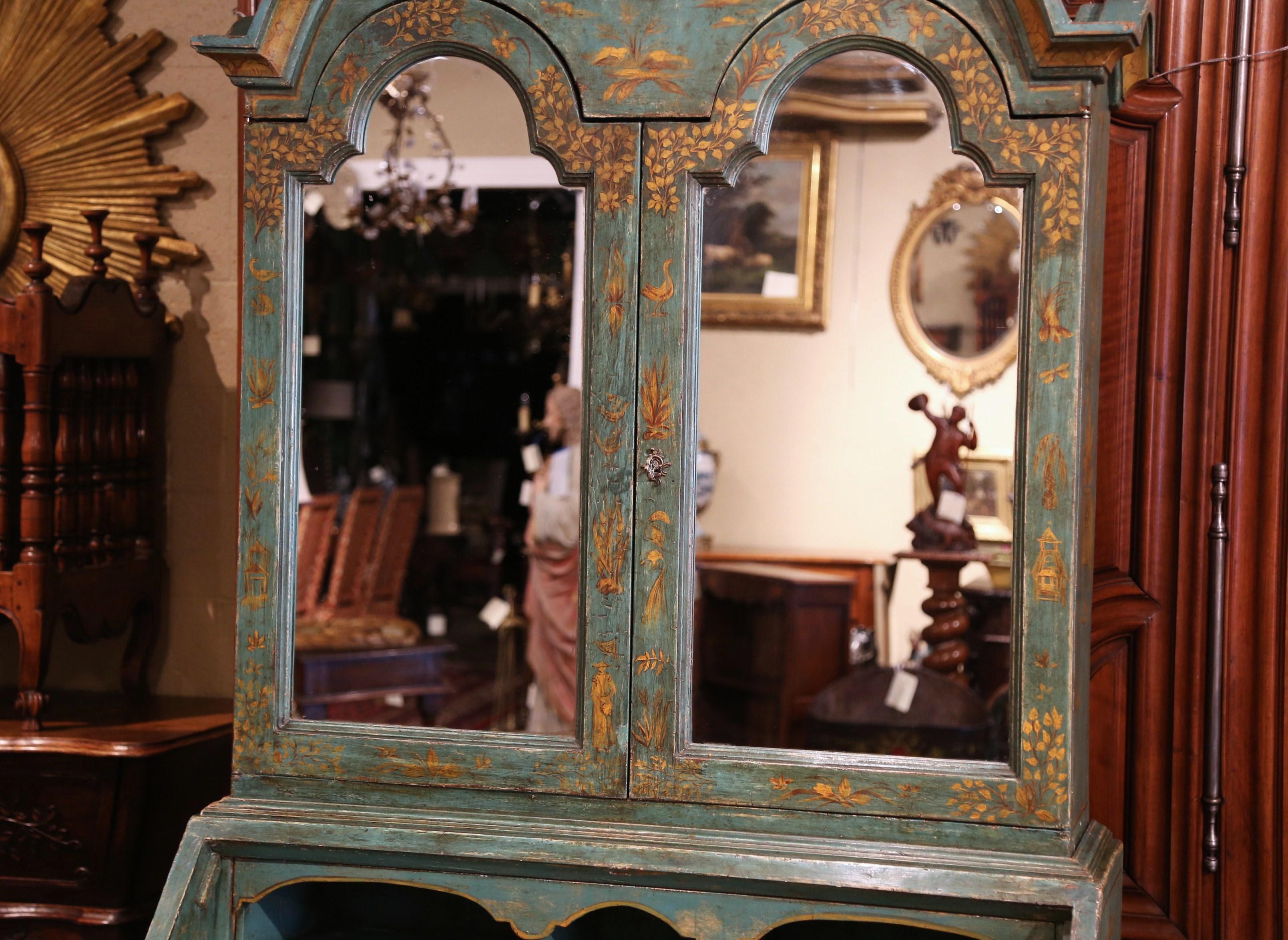 Hand-Carved 18th Century Italian Hand Painted Secretary Bookcase with Chinoiserie Decor