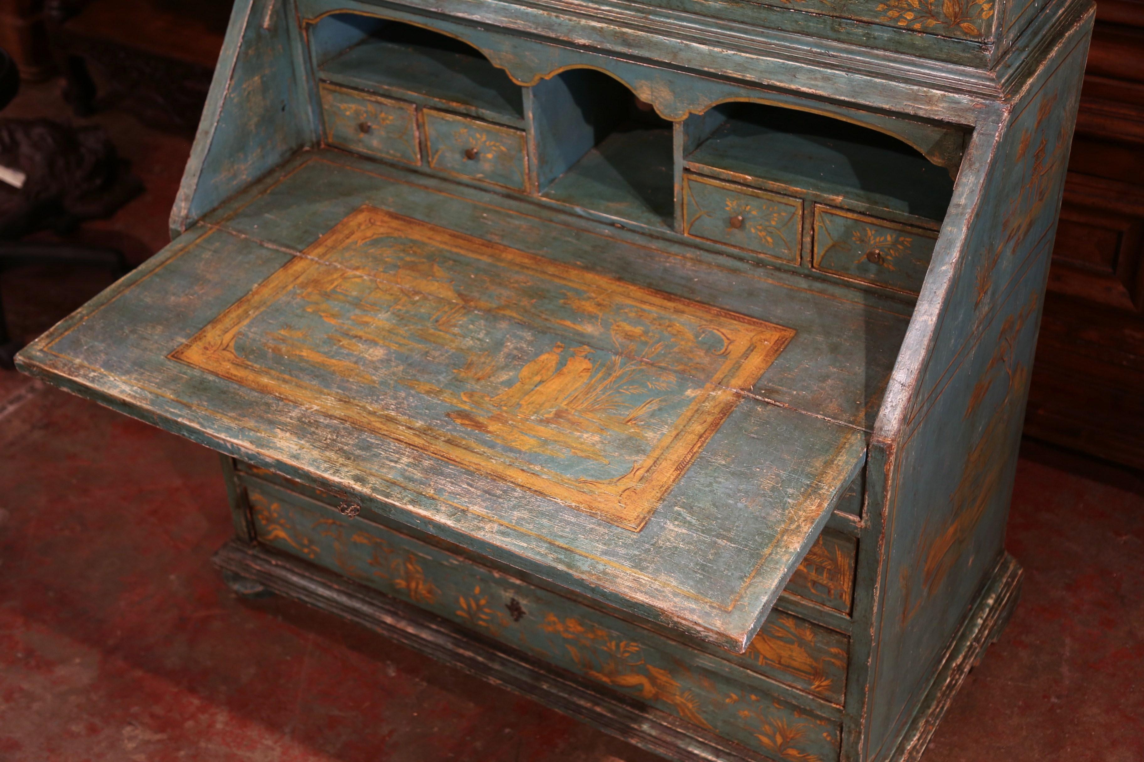 18th Century Italian Hand Painted Secretary Bookcase with Chinoiserie Decor In Excellent Condition In Dallas, TX