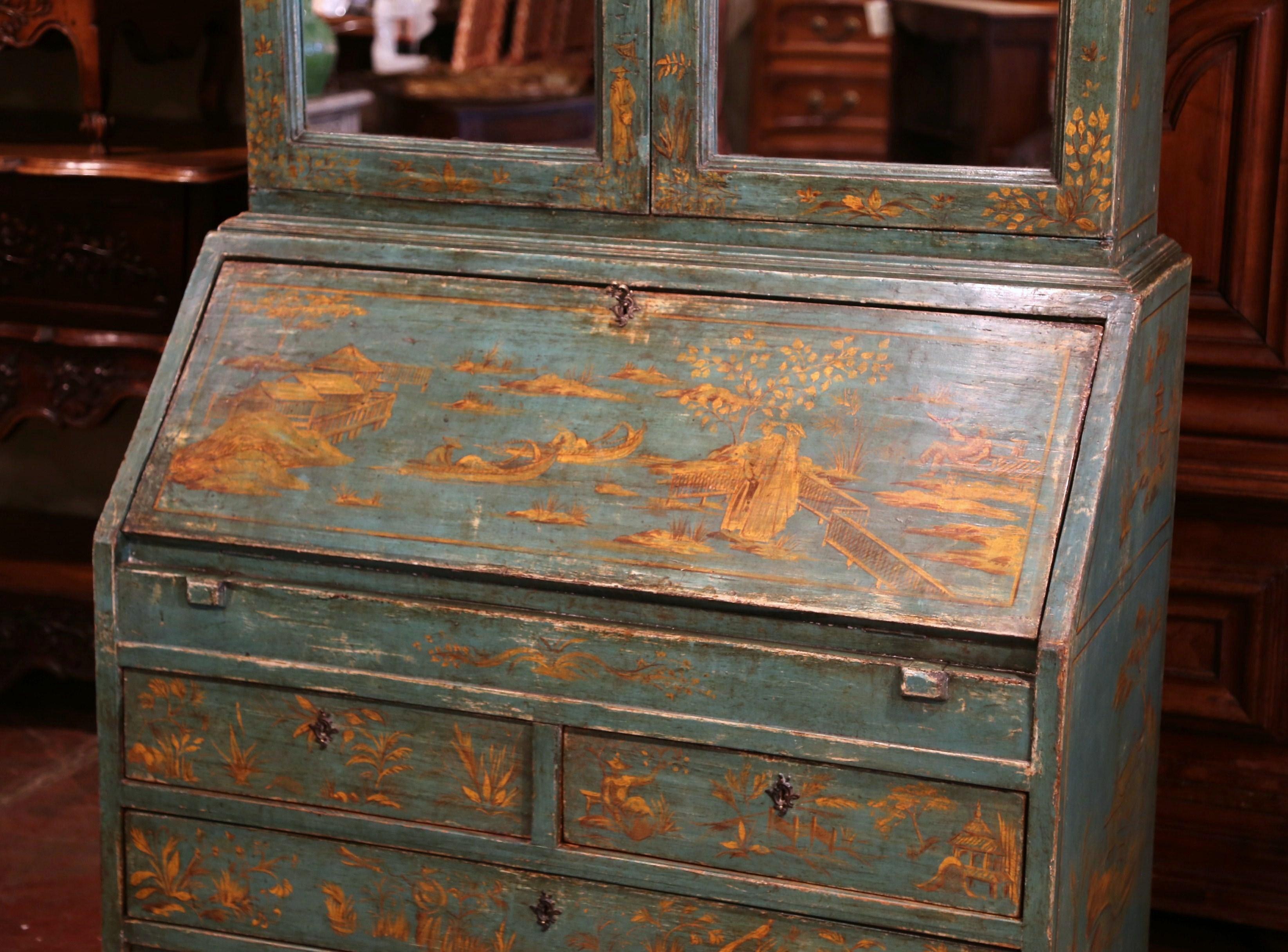 18th Century Italian Hand Painted Secretary Bookcase with Chinoiserie Decor 3