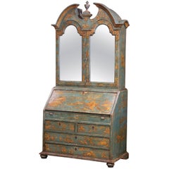 18th Century Italian Hand Painted Secretary Bookcase with Chinoiserie Decor