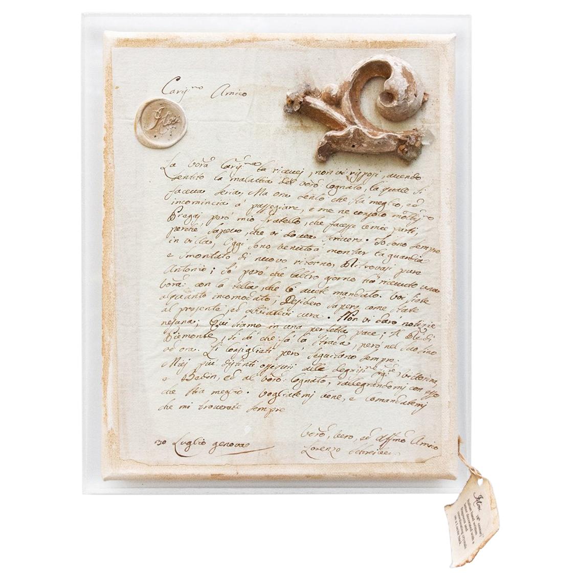 18th Century Italian Handwritten Letter with a Fragment and Crystals on Lucite