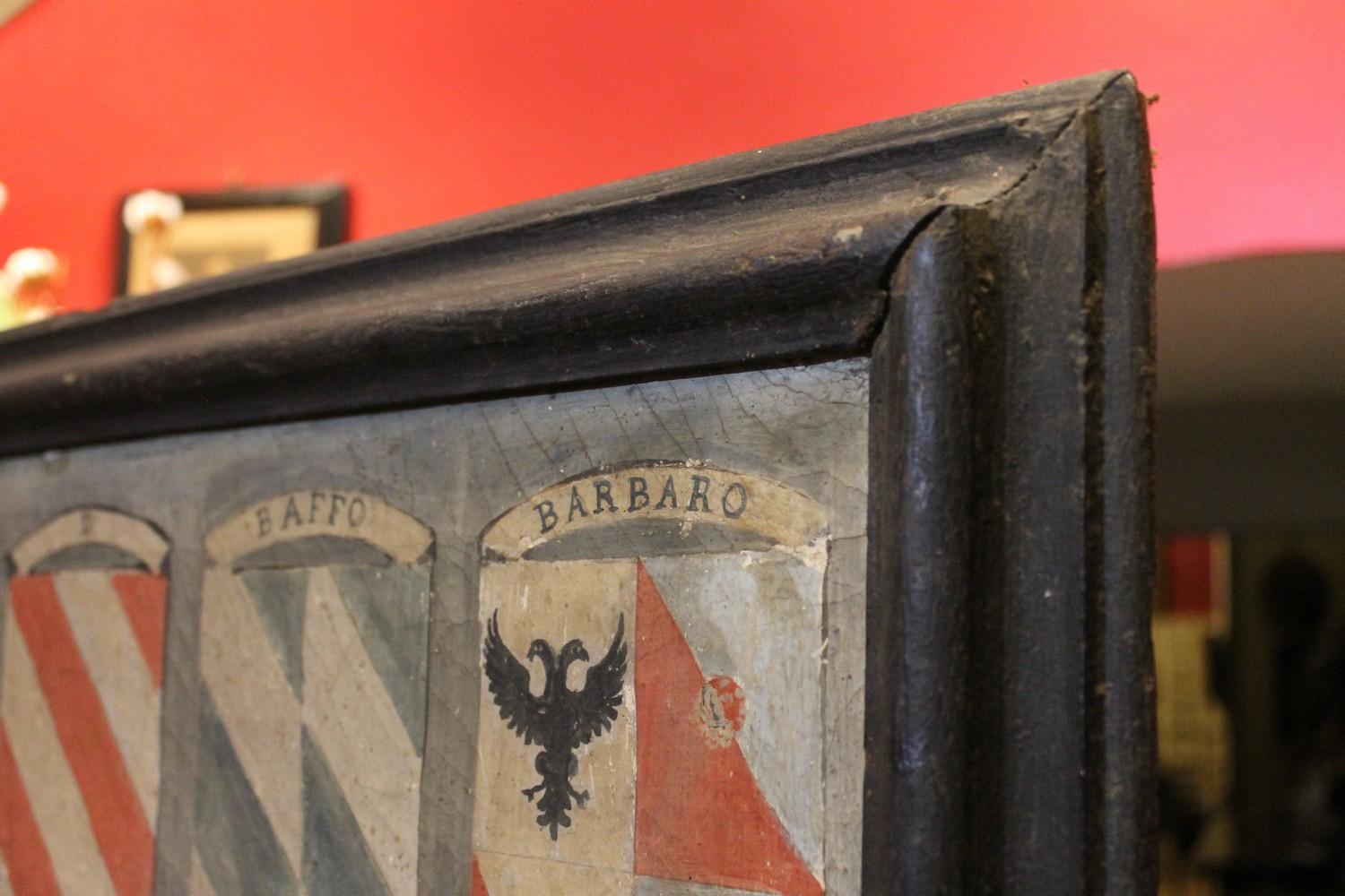Hand-Painted 18th Century Italian Heraldic Tempera on Ancient Canvas Paintings in Black Frame