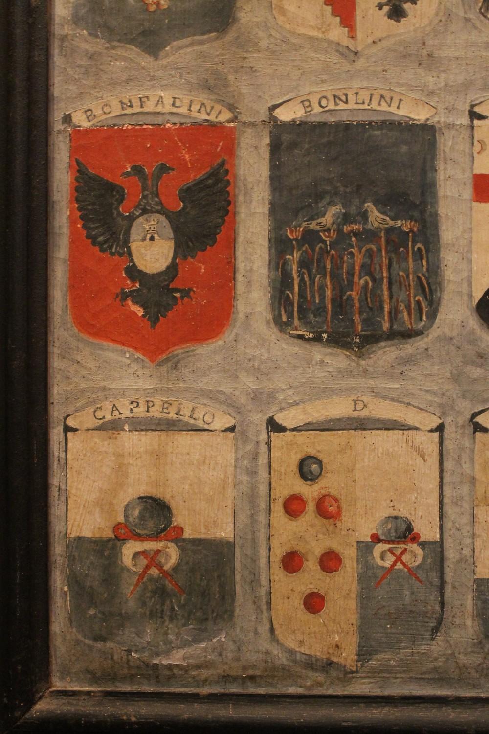 18th Century Italian Heraldic Tempera on Ancient Canvas Paintings in Black Frame 2