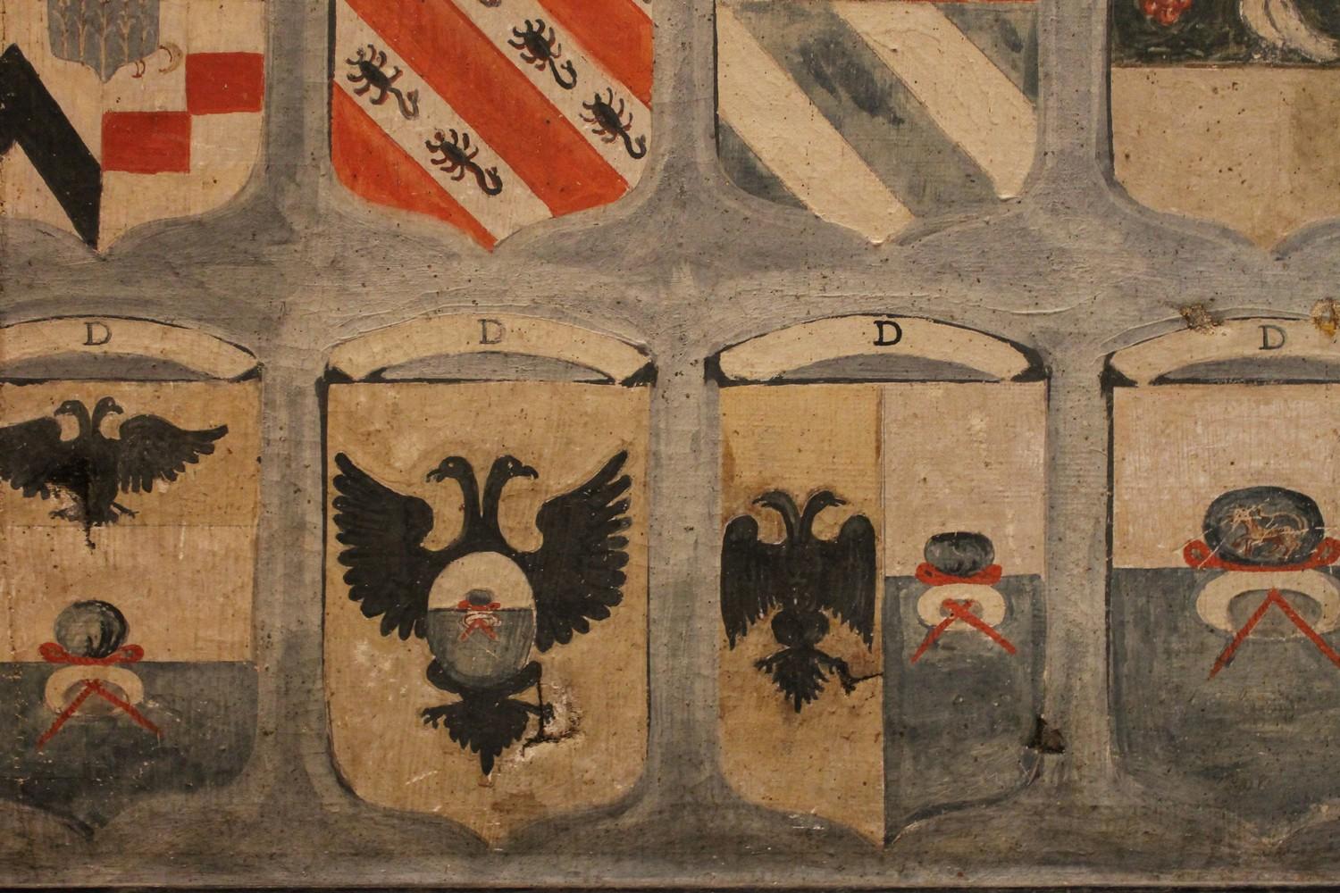 18th Century Italian Heraldic Tempera on Ancient Canvas Paintings in Black Frame 3