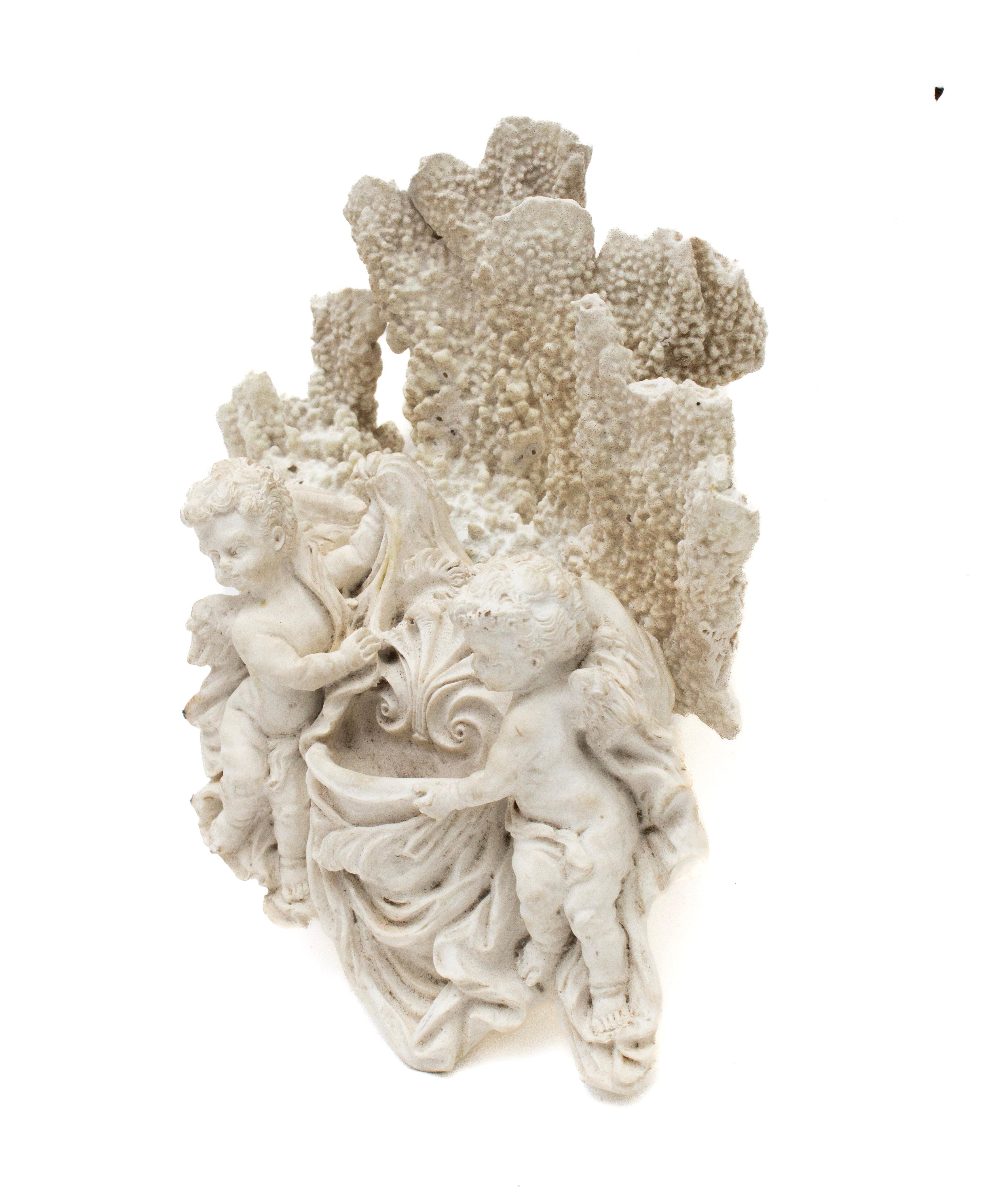 Rococo 18th Century Italian Holy Water Font with Angels Framed with Fossil Coral For Sale