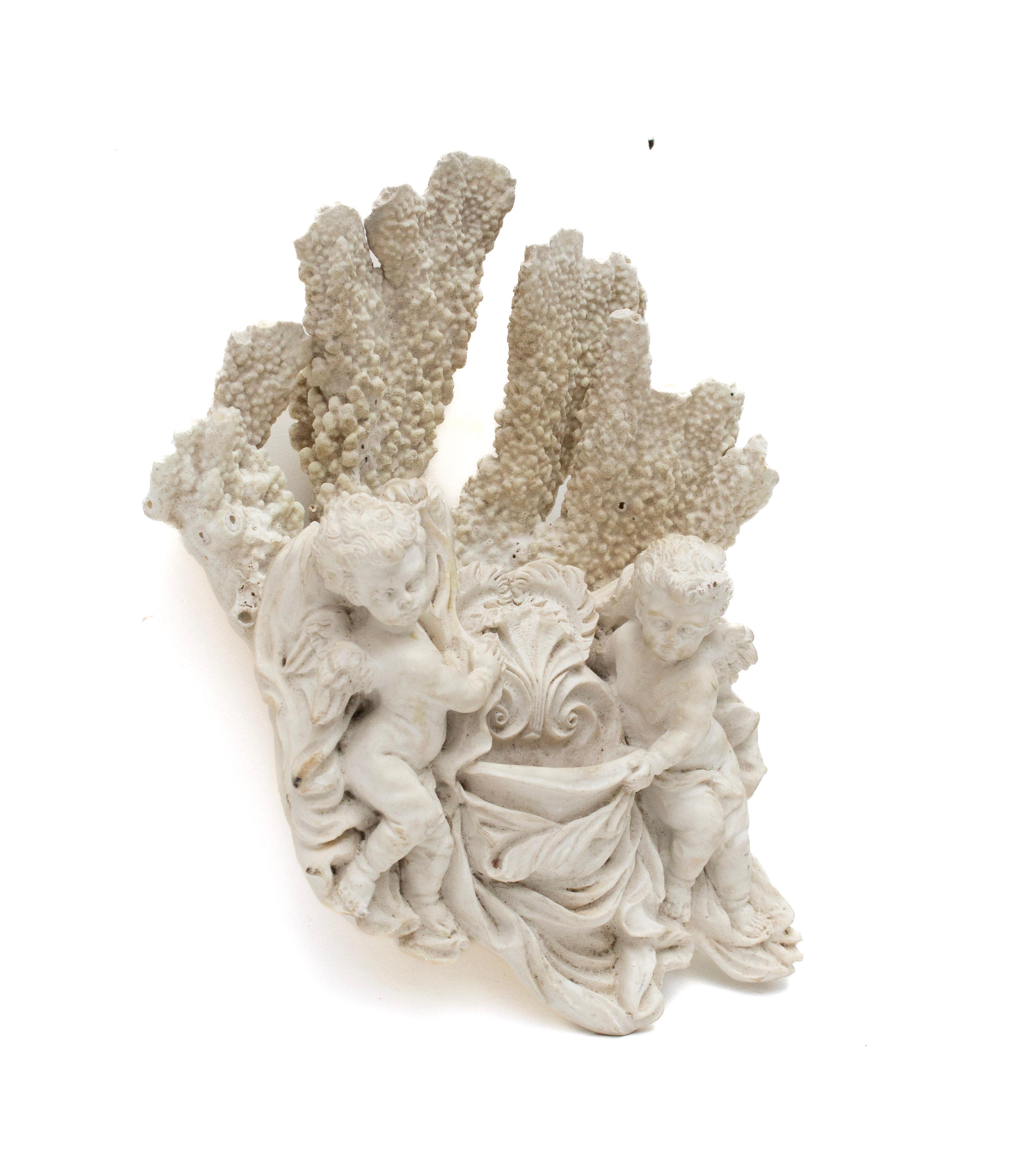 Polished 18th Century Italian Holy Water Font with Angels Framed with Fossil Coral For Sale
