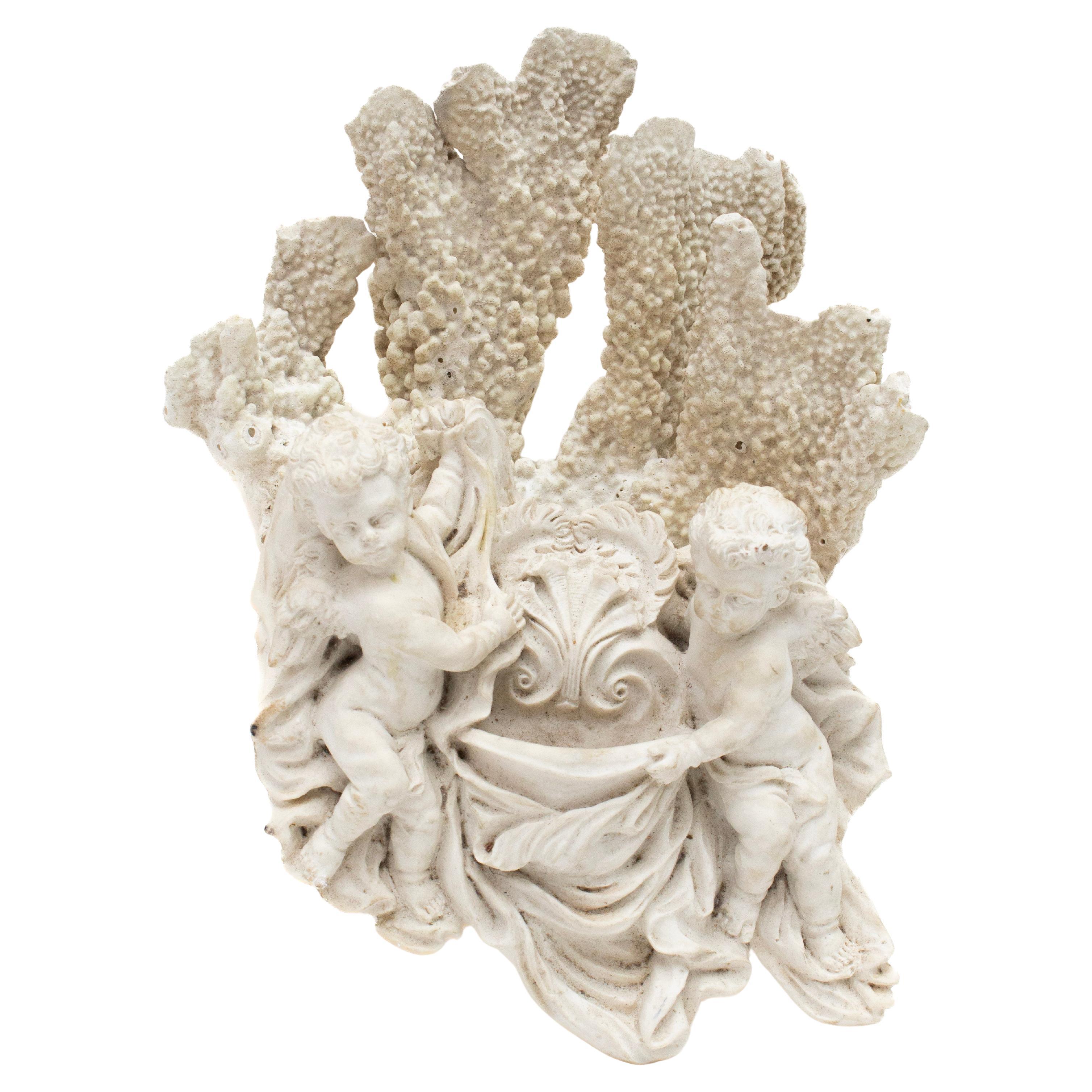 18th Century Italian Holy Water Font with Angels Framed with Fossil Coral For Sale