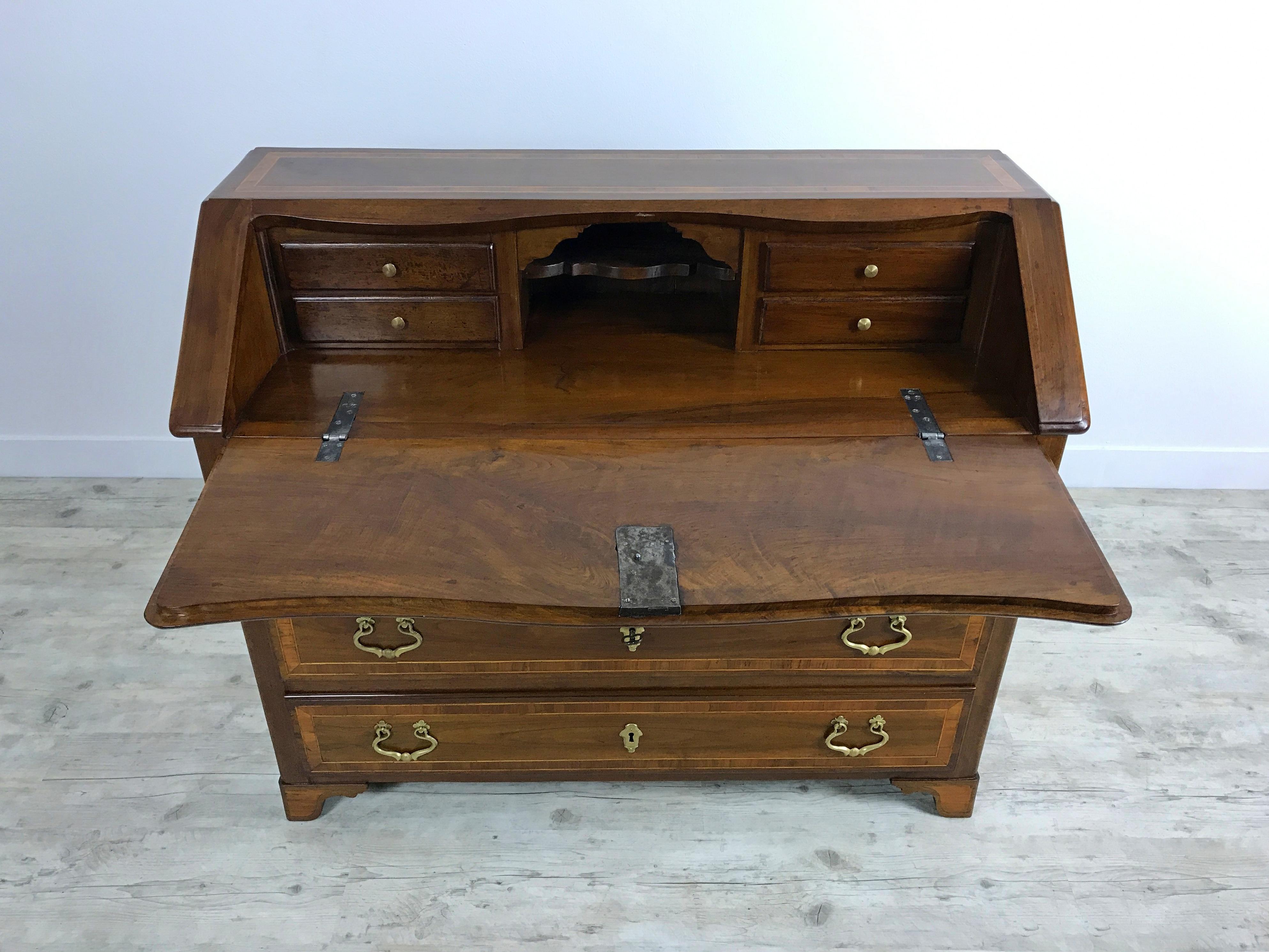 Louis XV Italian Inlaid and Solid Walnut Wood Chest of drawers with Secretaire For Sale