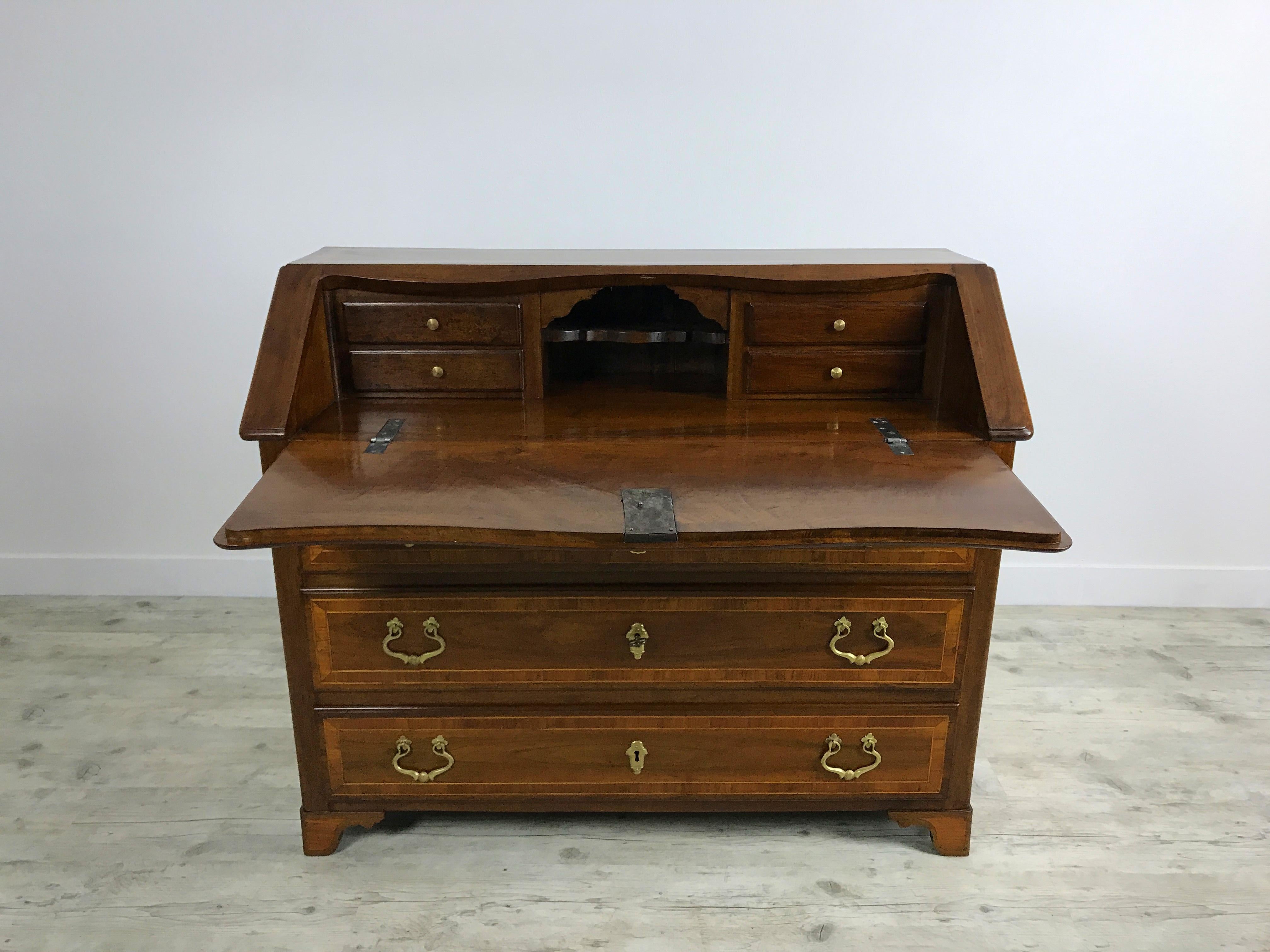 Hand-Carved Italian Inlaid and Solid Walnut Wood Chest of drawers with Secretaire For Sale