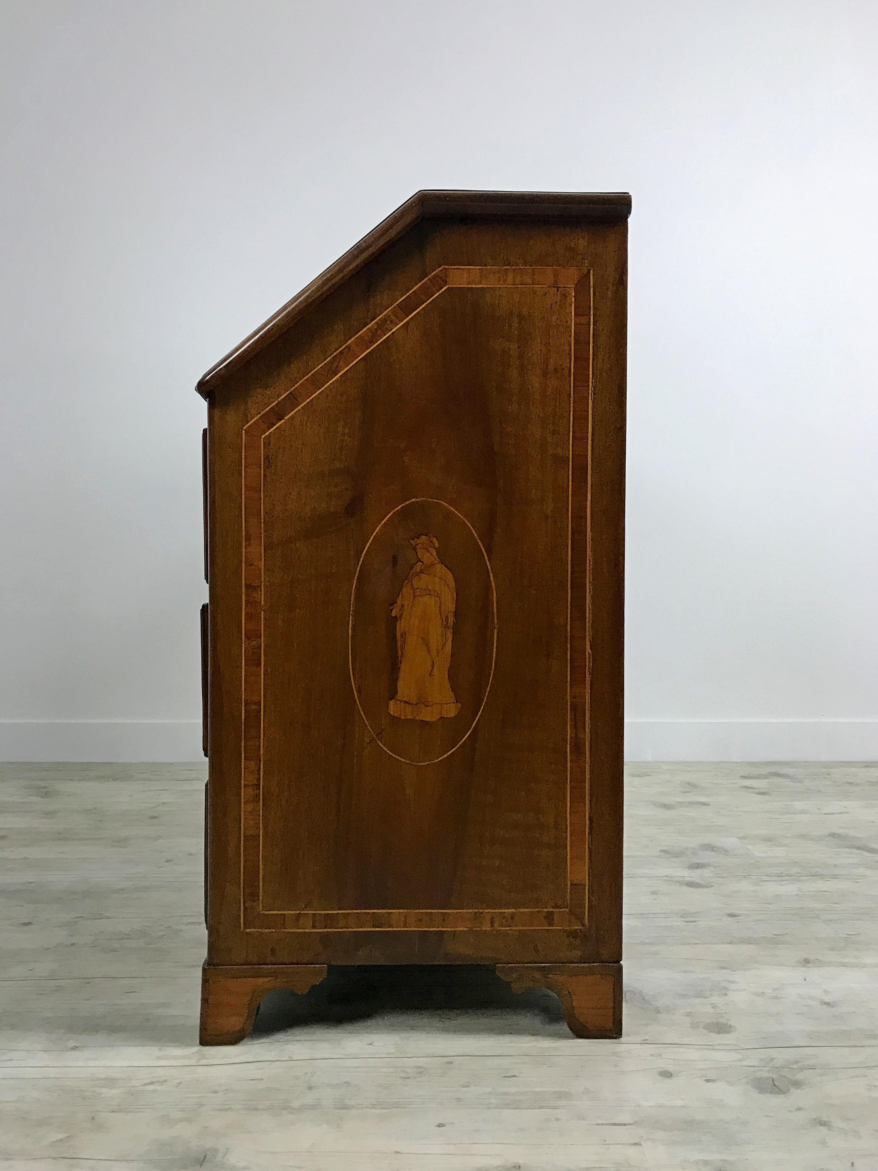 Bronze Italian Inlaid and Solid Walnut Wood Chest of drawers with Secretaire For Sale