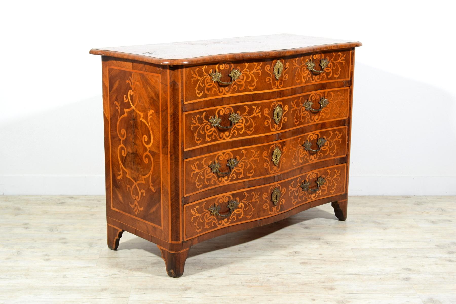 Rococo 18th Century, Italian Inlaid And Veneered Chest Of Drawers For Sale